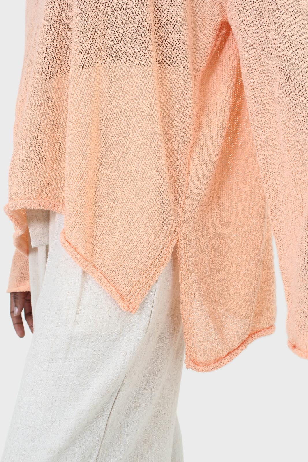 Pale orange wide neck long sleeved loose knit top_7