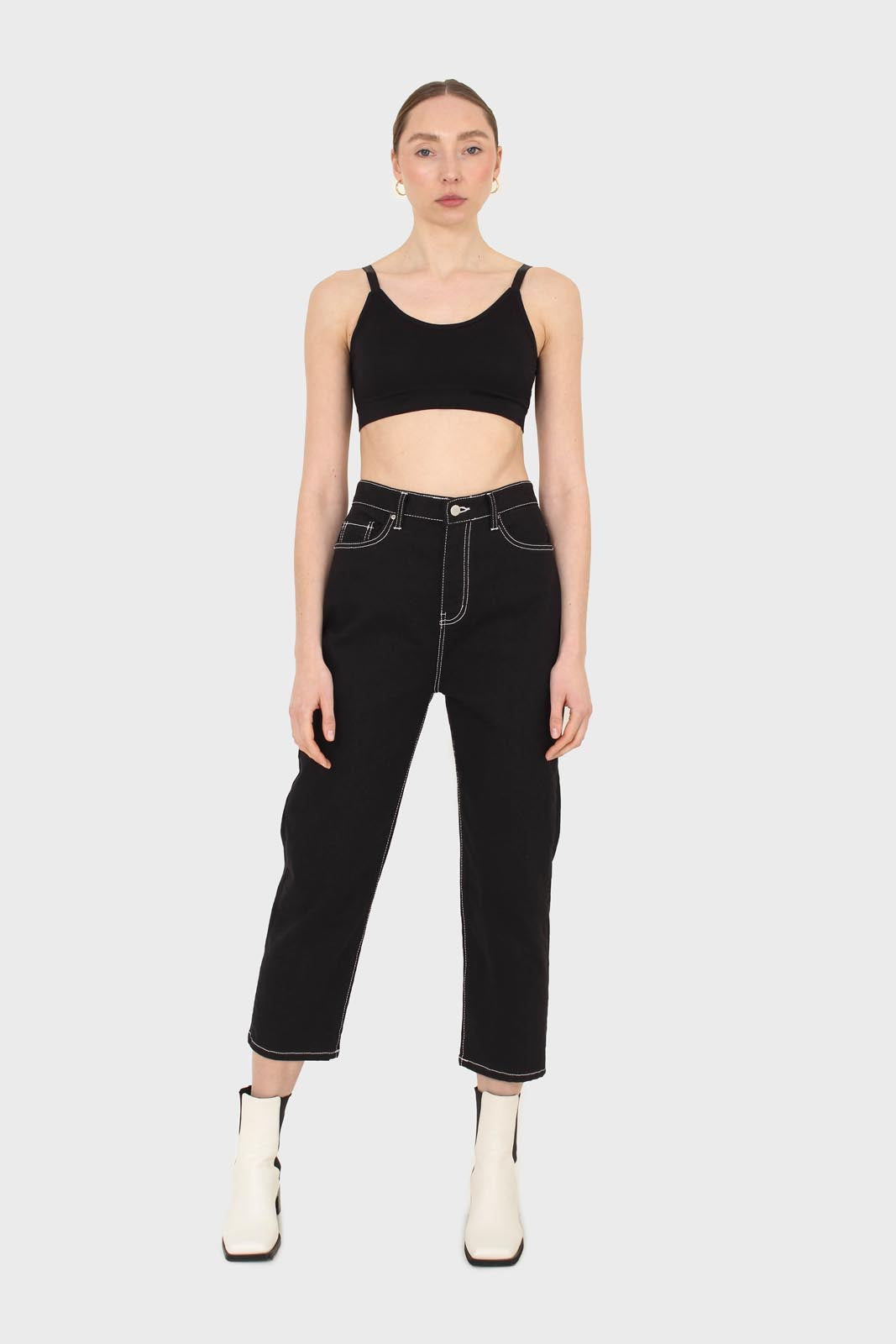 Black and white contrast stitch boyfriend jeans - 853_6