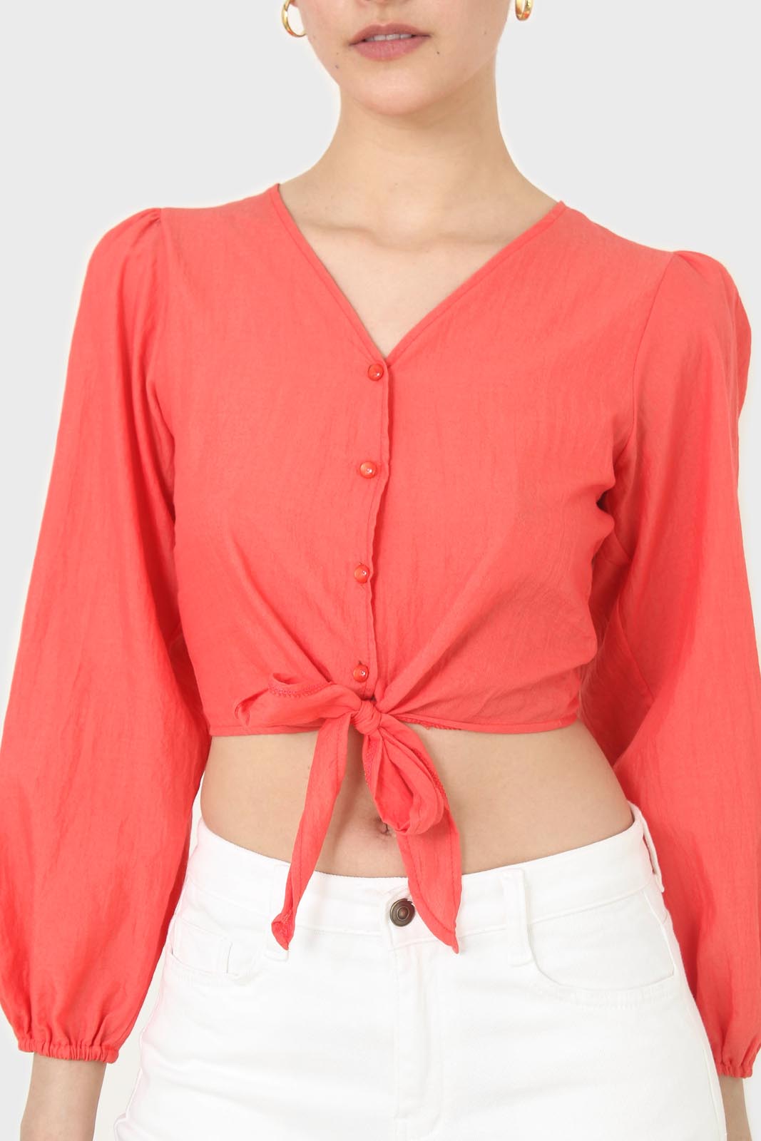 Red button up tie front cropped shirt_2