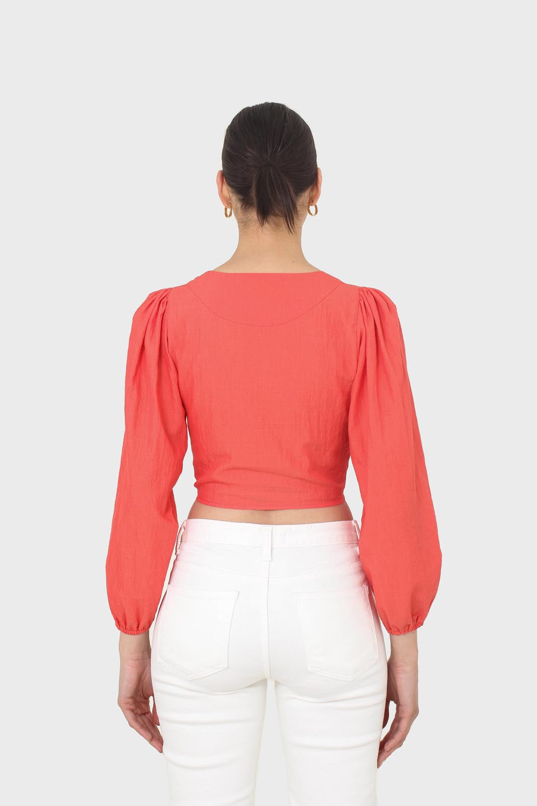 Red button up tie front cropped shirt_4