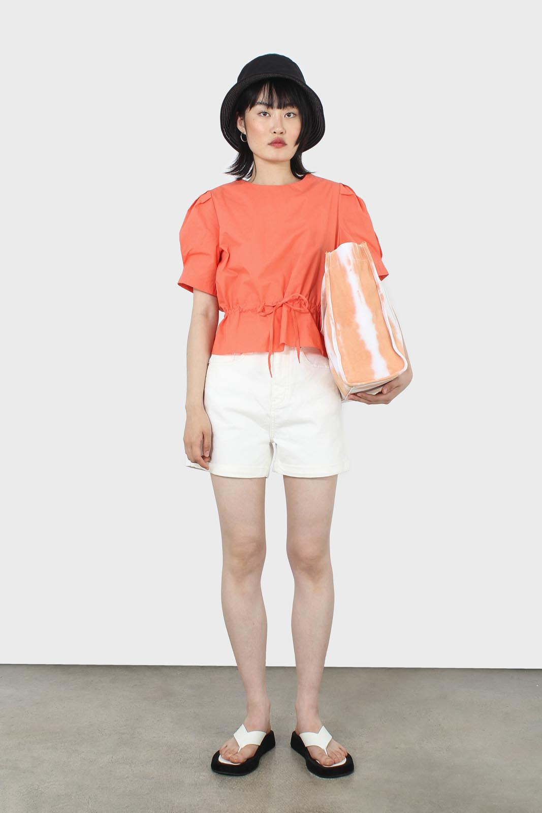 Orange drawstring waist puff short sleeved top_7