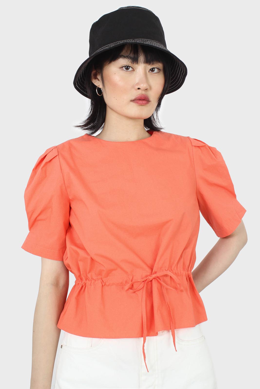 Orange drawstring waist puff short sleeved top_6