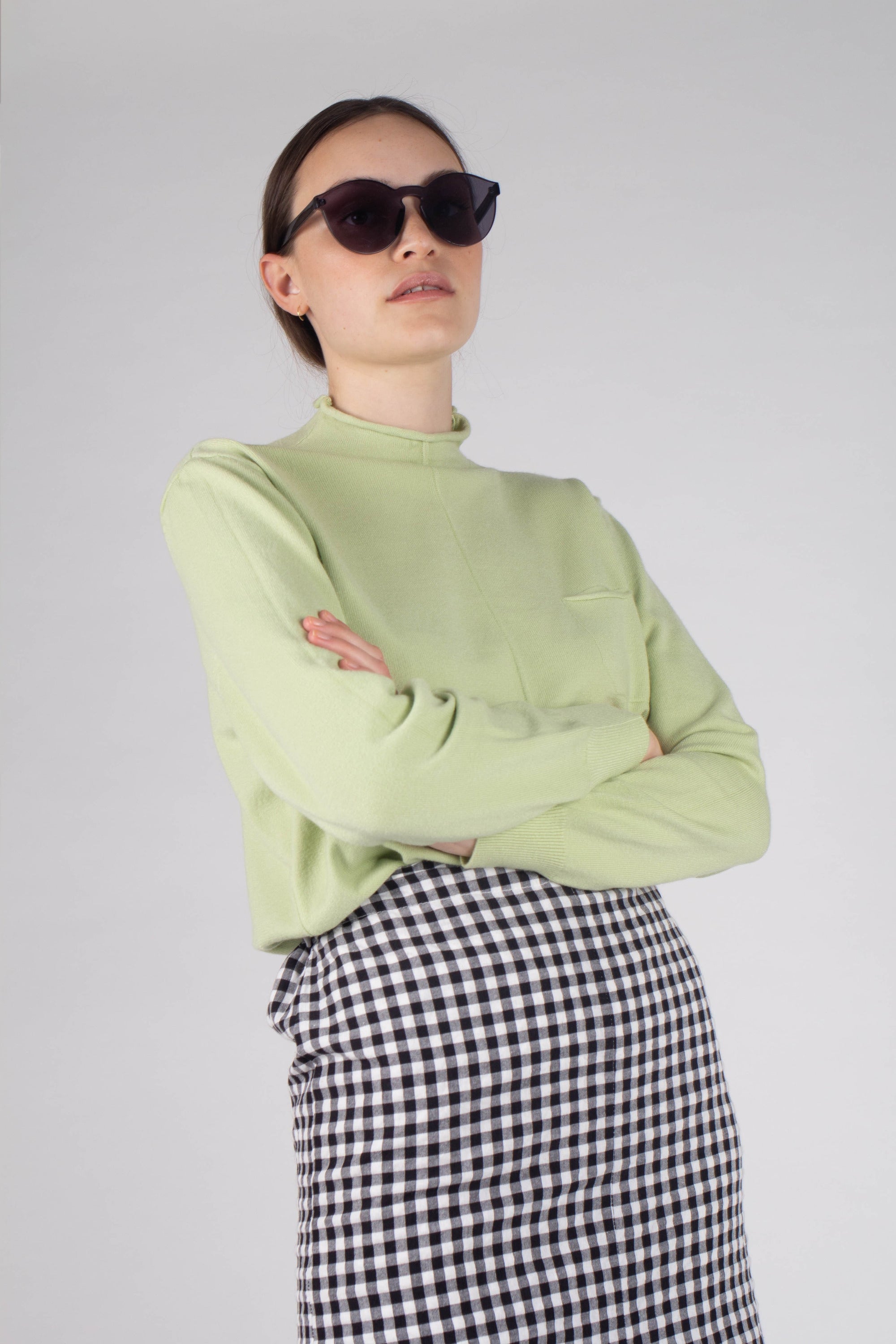 Green chest pocket mock neck knit top_2