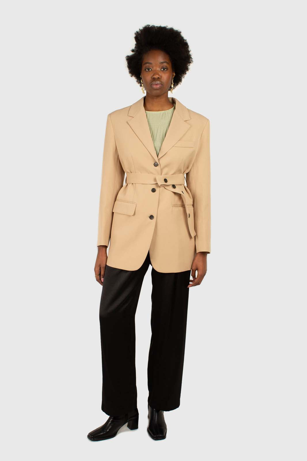 Beige flap pocket long belted blazer_1