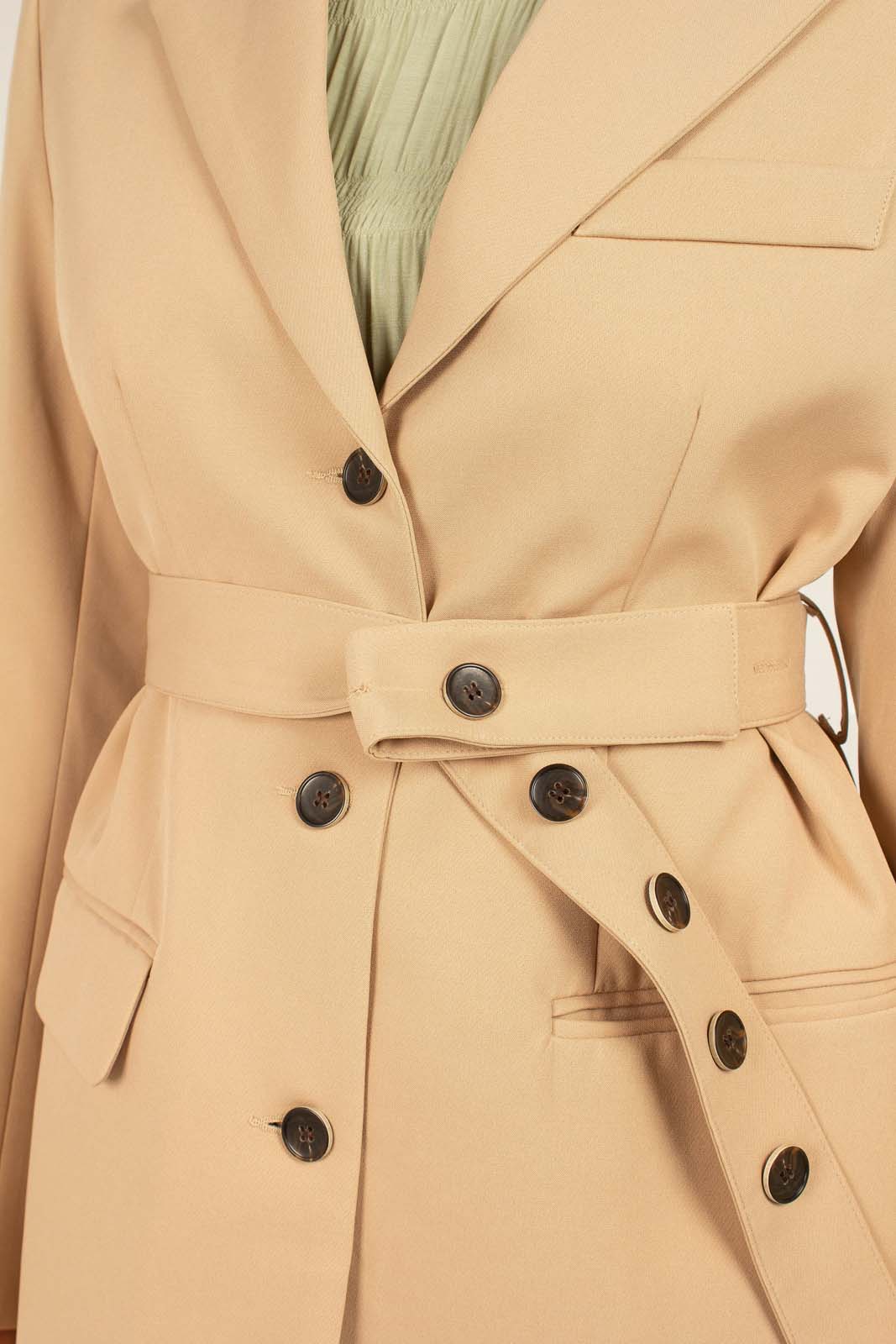 Beige flap pocket long belted blazer_9