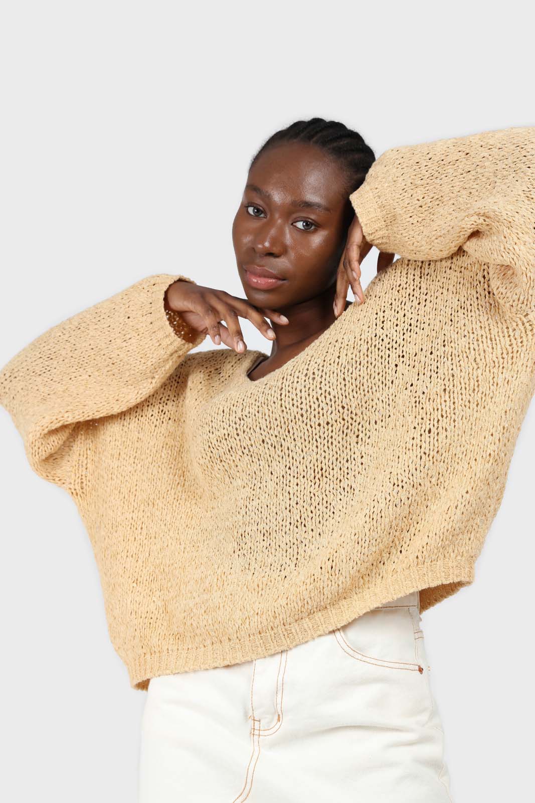 Yellow v-neck dropped shoulder loose fit jumper_4