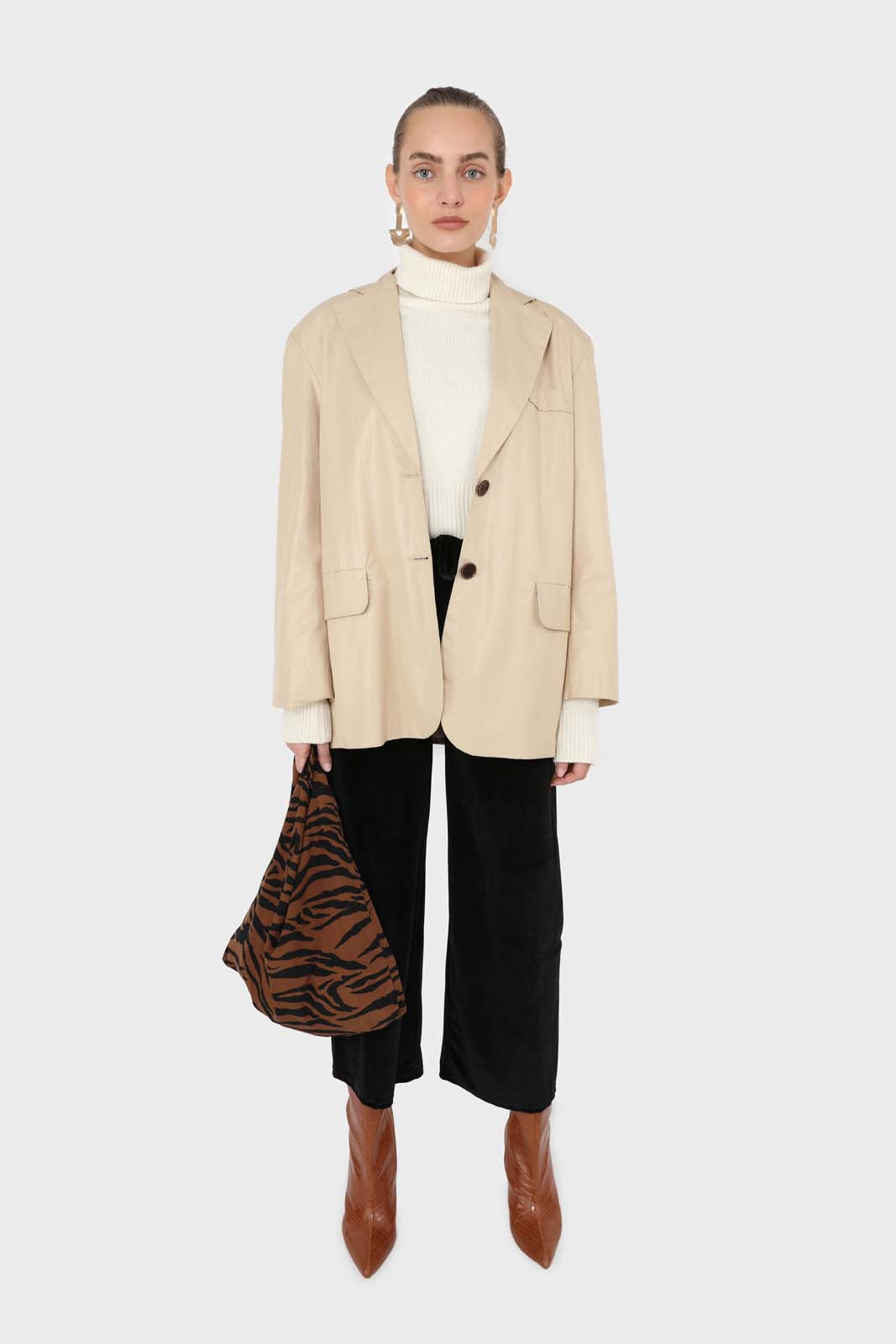 Beige vegan leather flap pocket oversized blazer_2