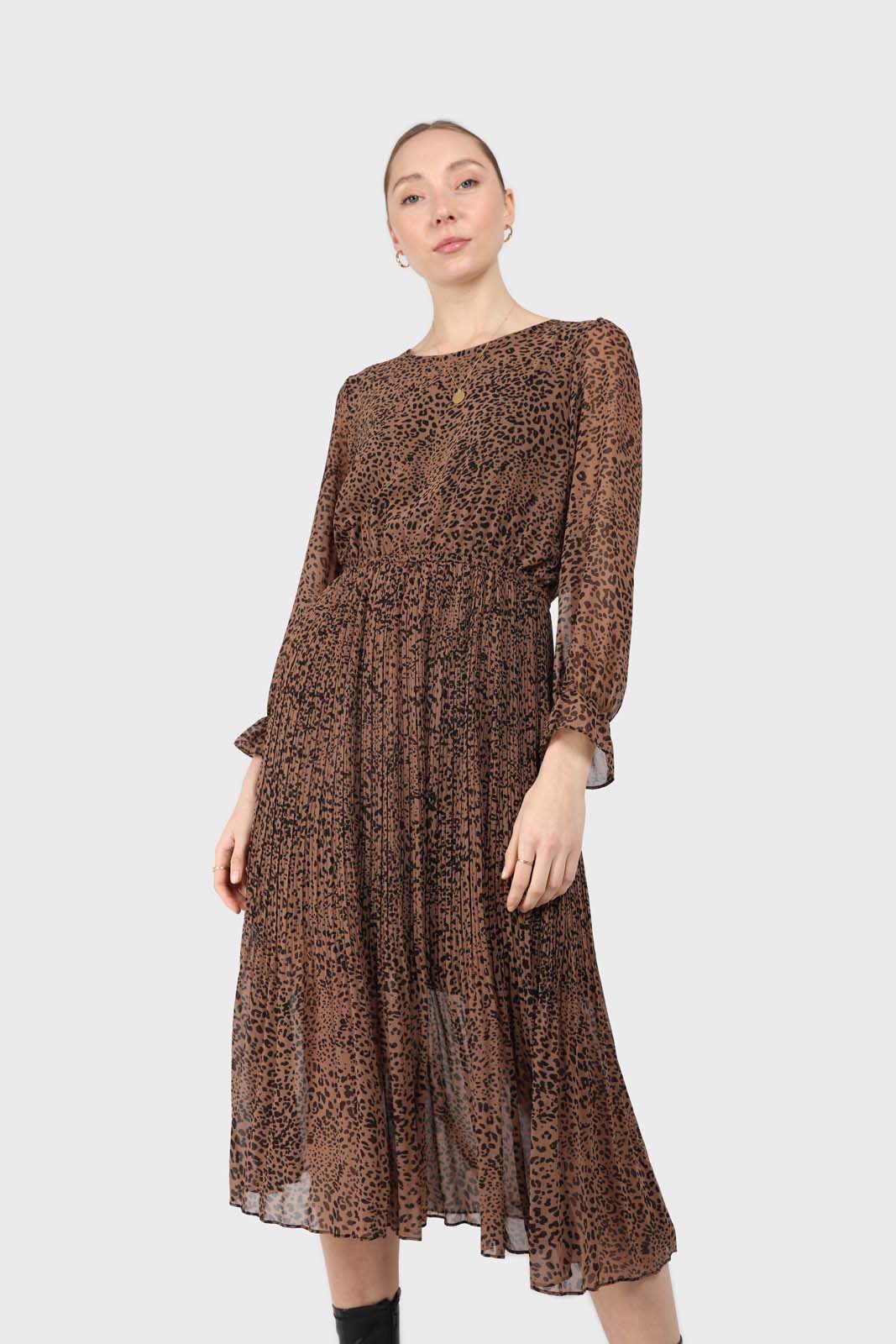 Camel animal print silky micro pleat long sleeved maxi dress_1