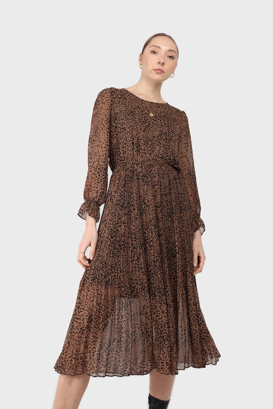 Camel animal print silky micro pleat long sleeved maxi dress_2