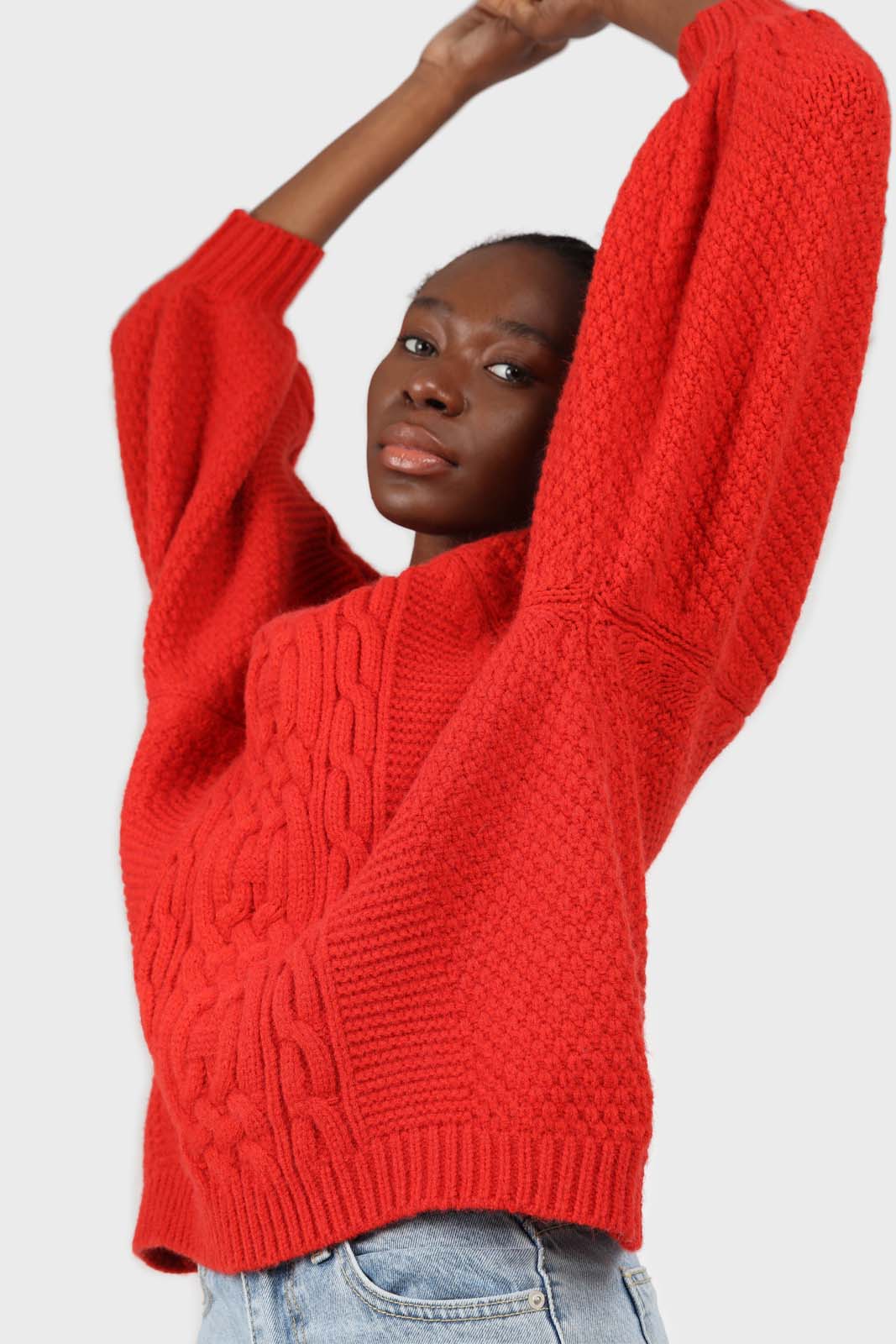 Bright red chunky cable knit balloon sleeved jumper_2