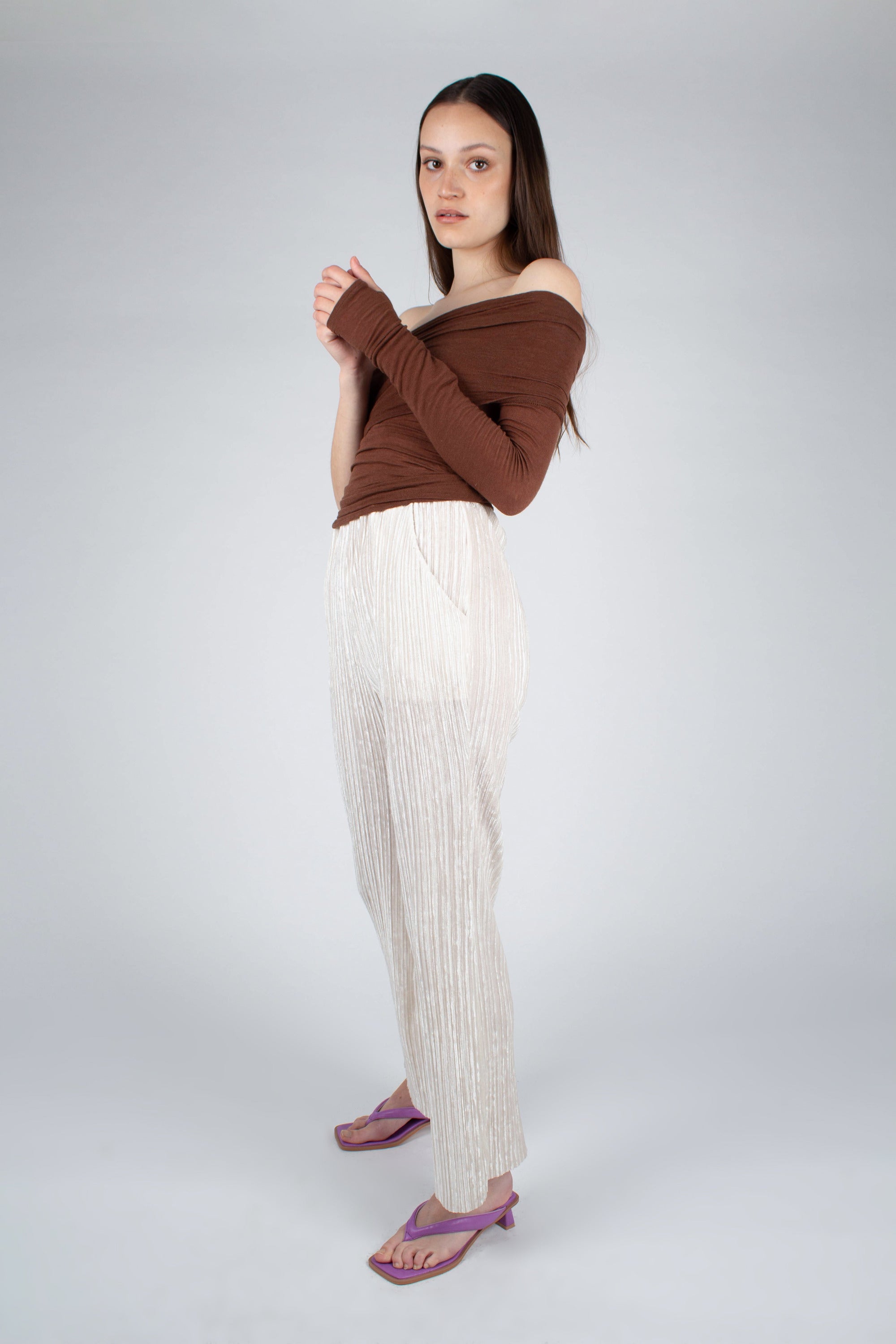 Ivory brushed velvet flare trousers_6