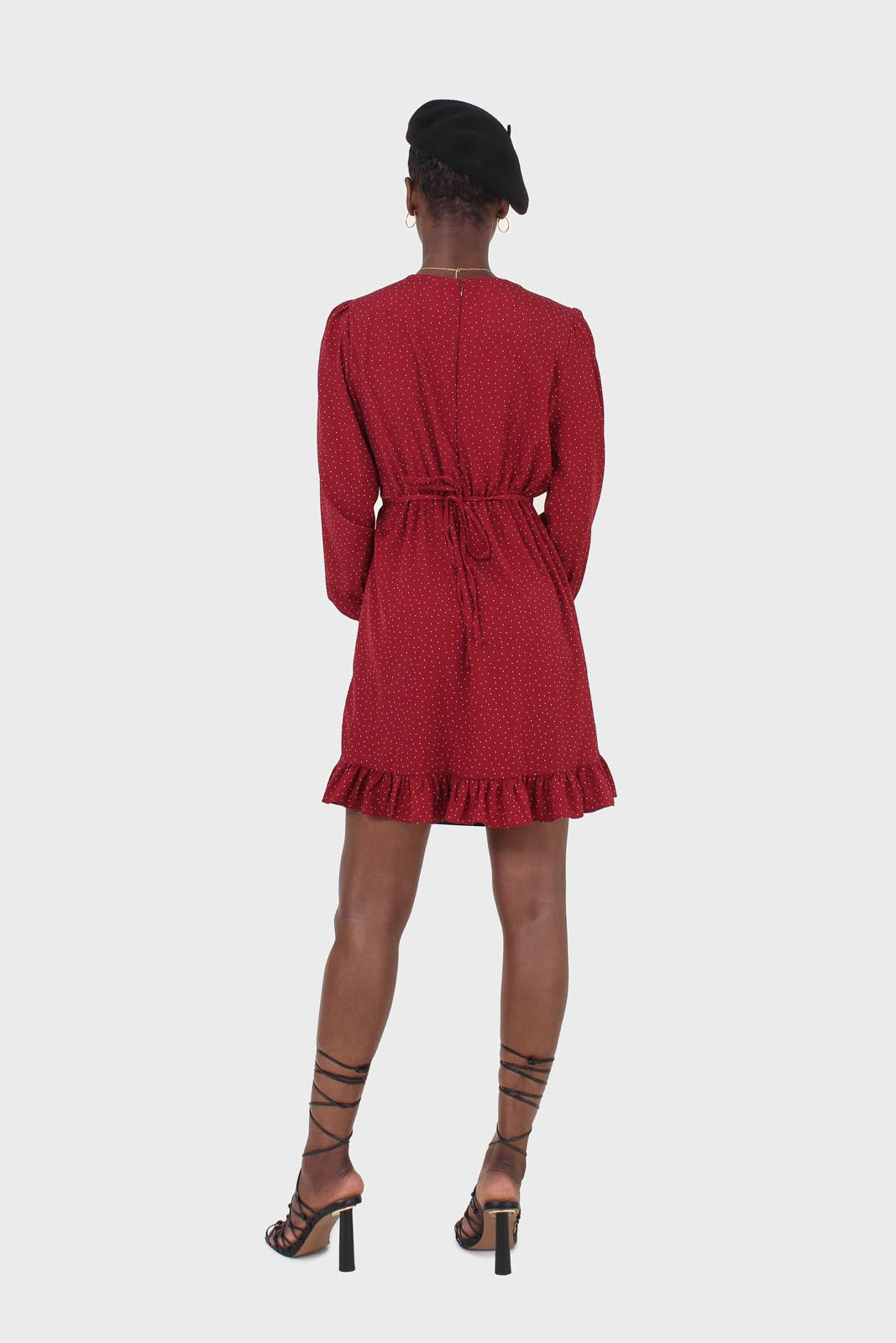 Red polka dot wrap front long sleeved mini dress_5