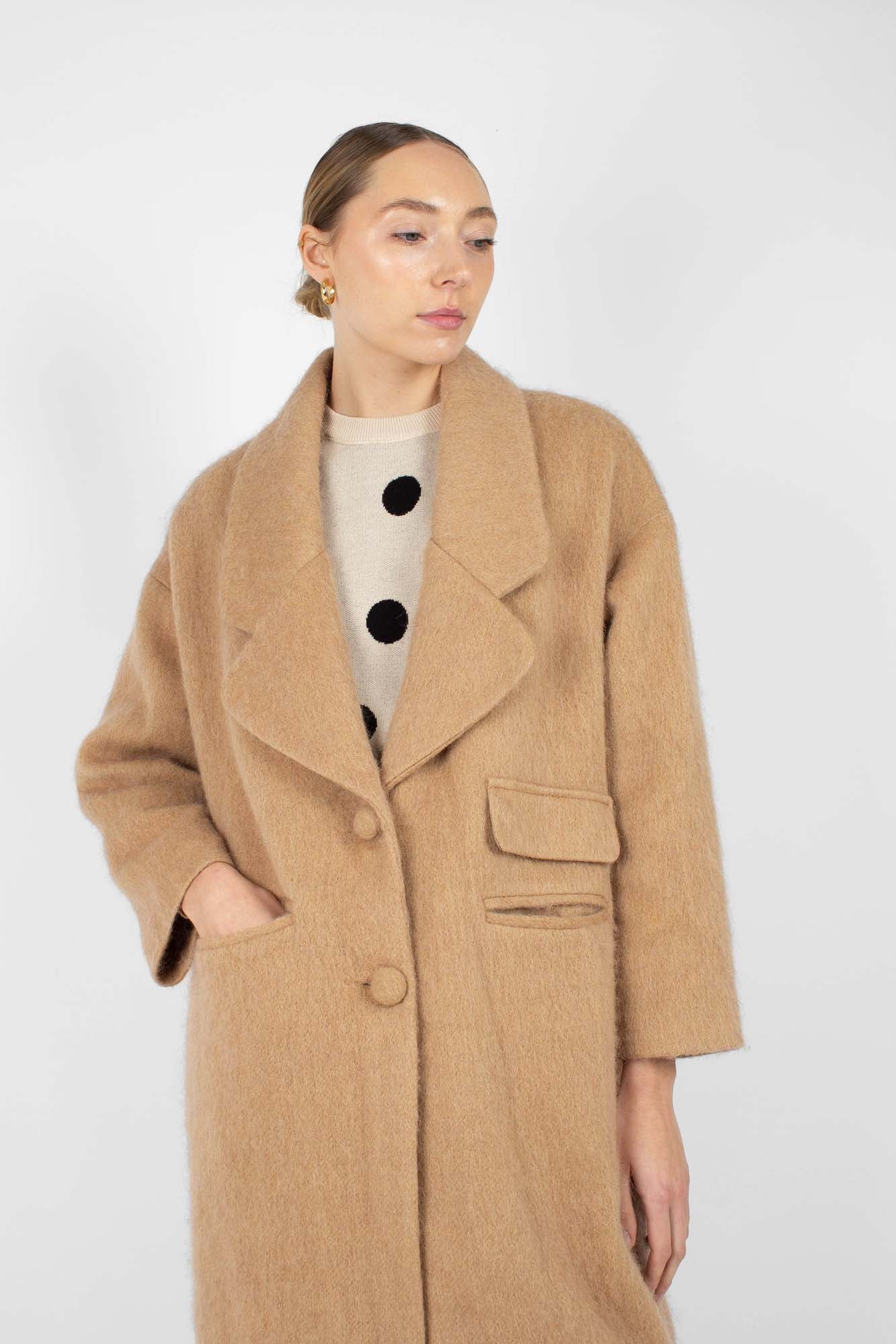 Camel single breasted oversized slit pocket coat_1