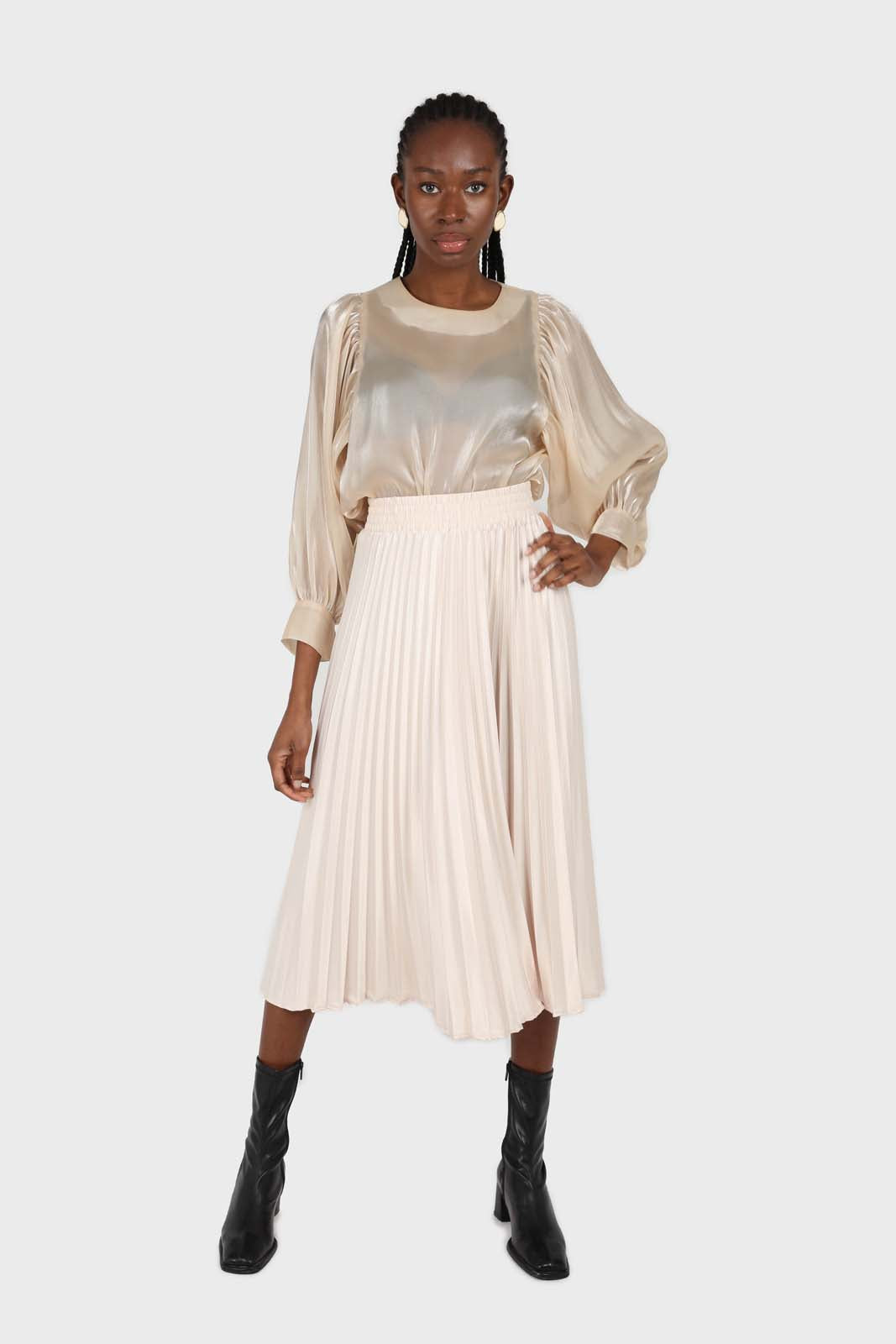 Champagne metallic balloon sleeve silky top_3