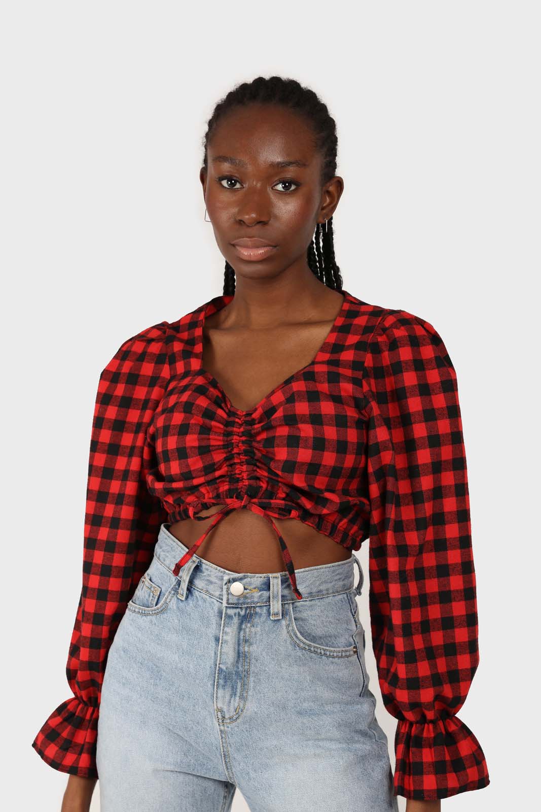 Red and black checked pull string long sleeved top_5