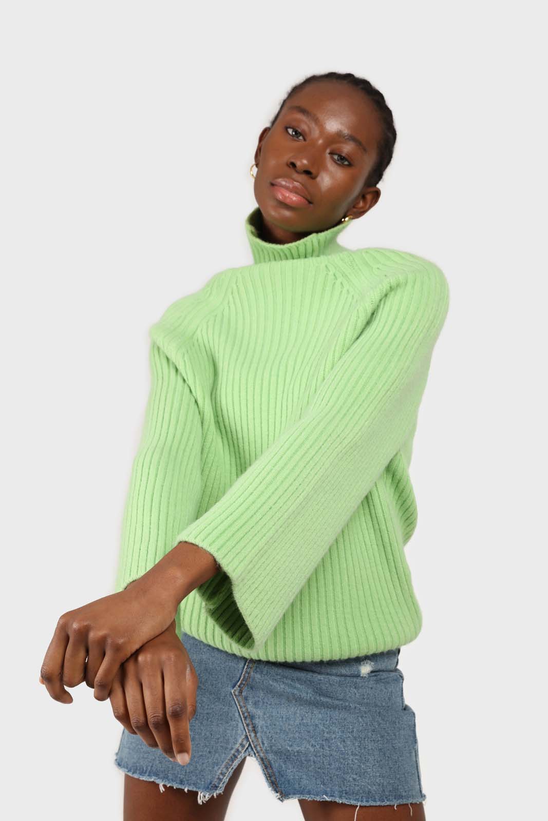 Bright green shaped thick rib turtleneck jumper_1