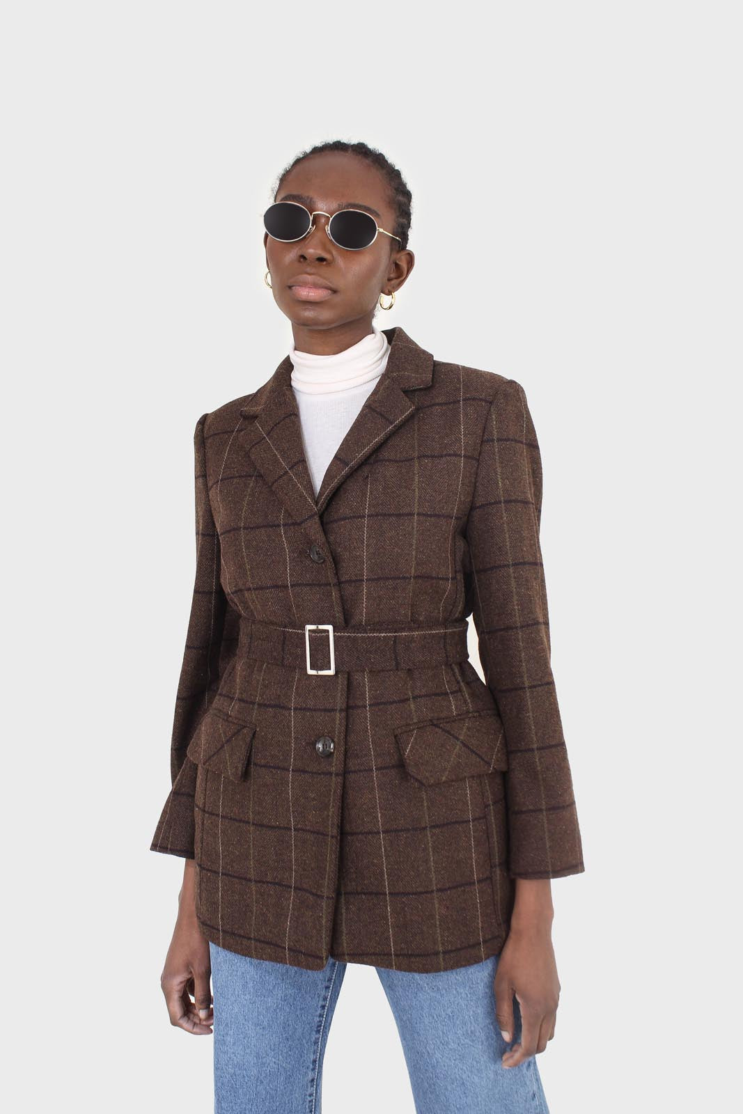 Brown large plaid wool belted half coat_1