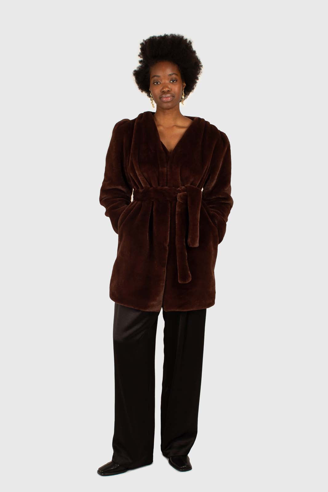 Brown vegan mink belted half coat_1