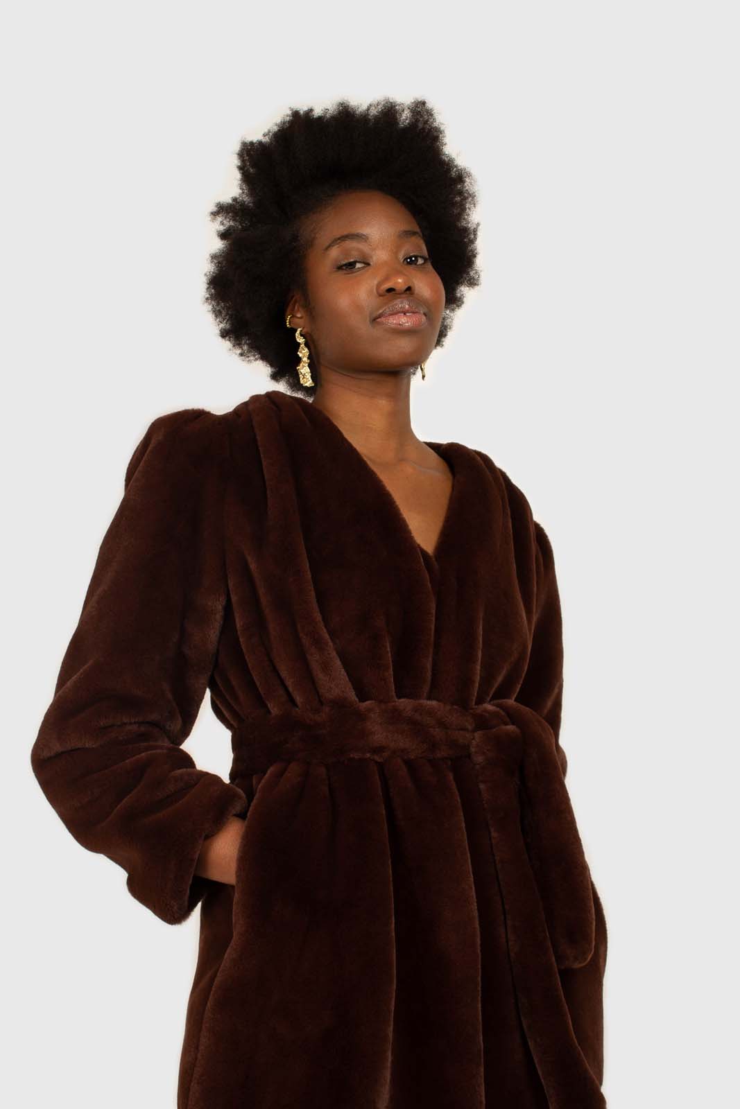 Brown vegan mink belted half coat_3