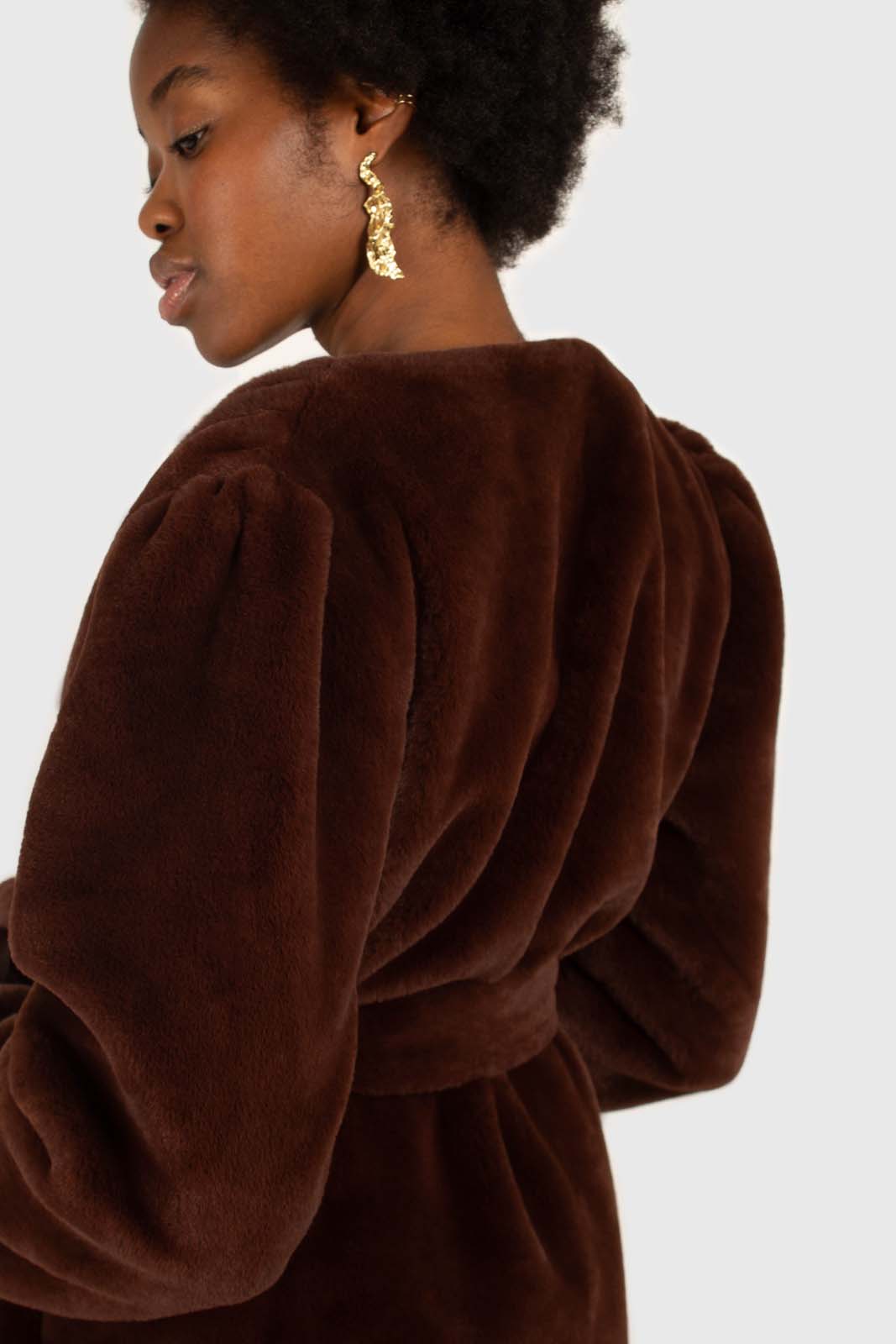 Brown vegan mink belted half coat_8