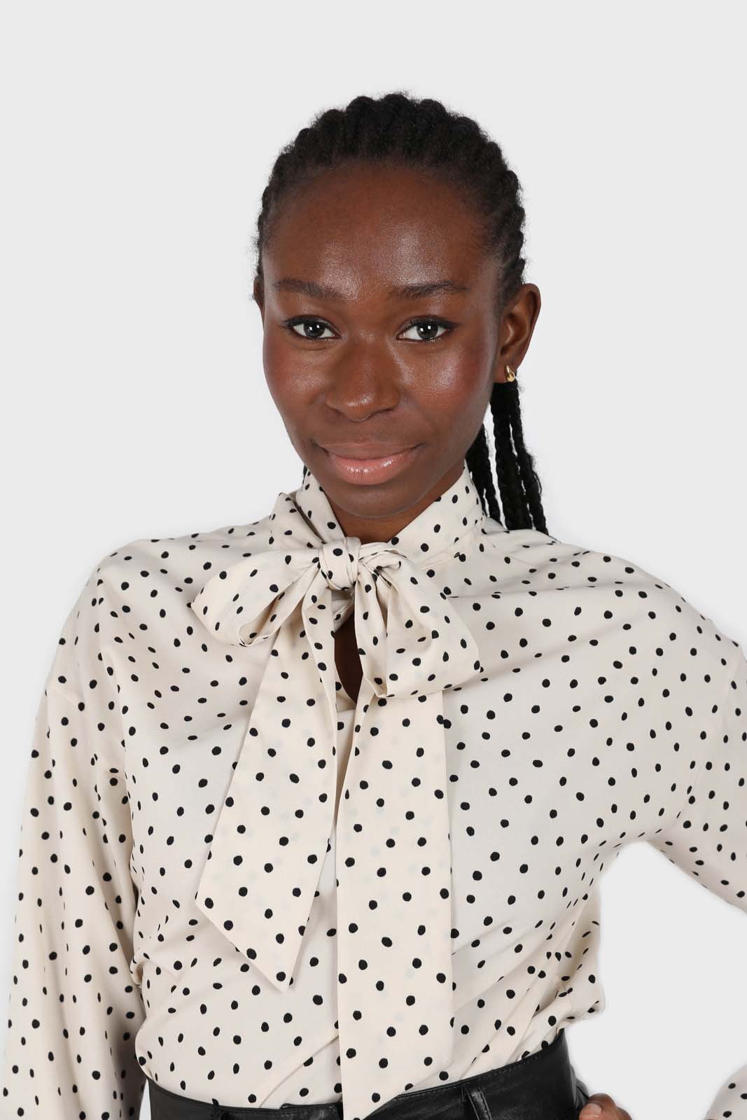 Ivory and black polka dots tie neck blouse_4