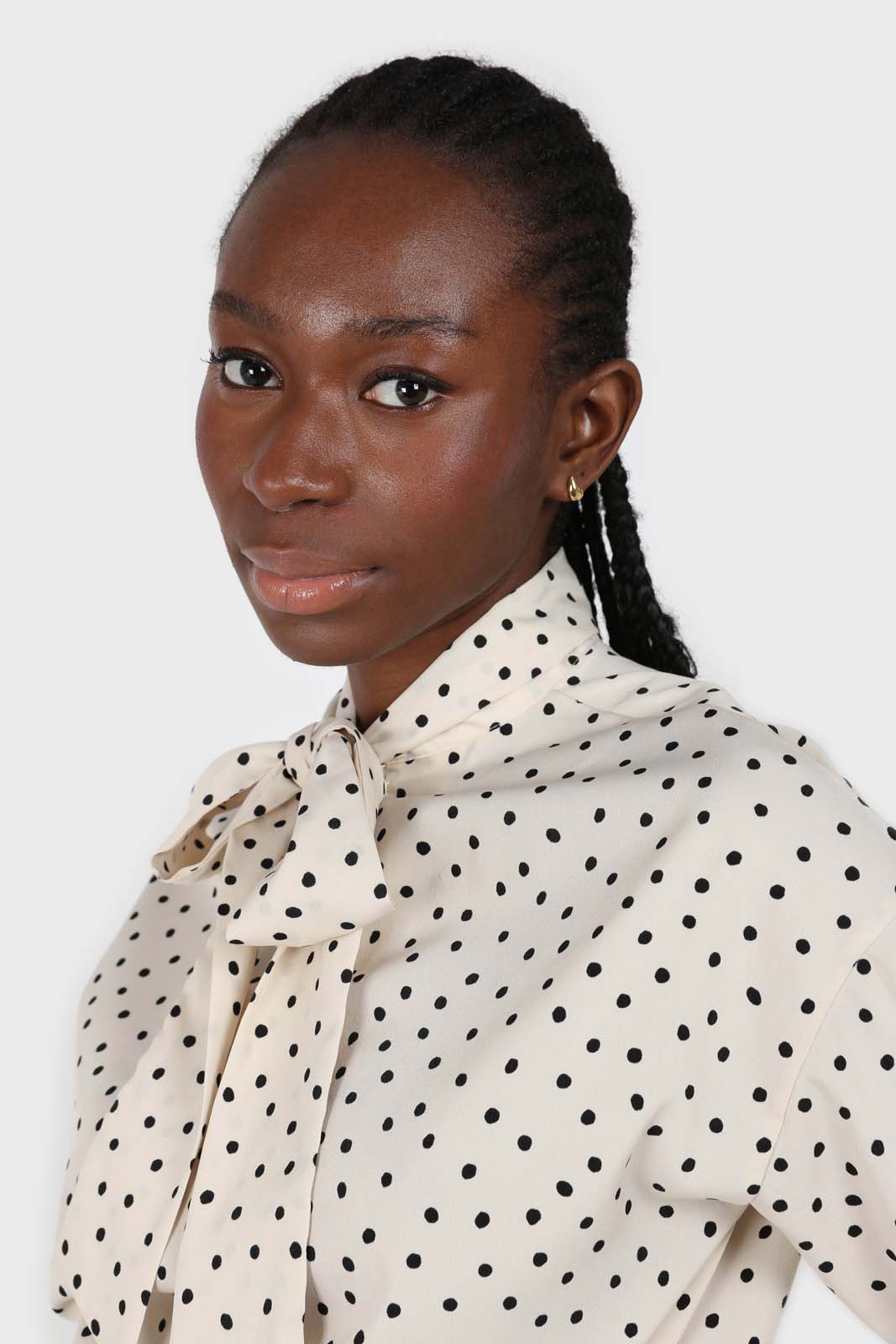 Ivory and black polka dots tie neck blouse_6