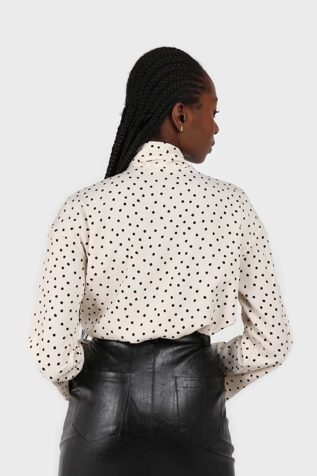 Ivory and black polka dots tie neck blouse_3