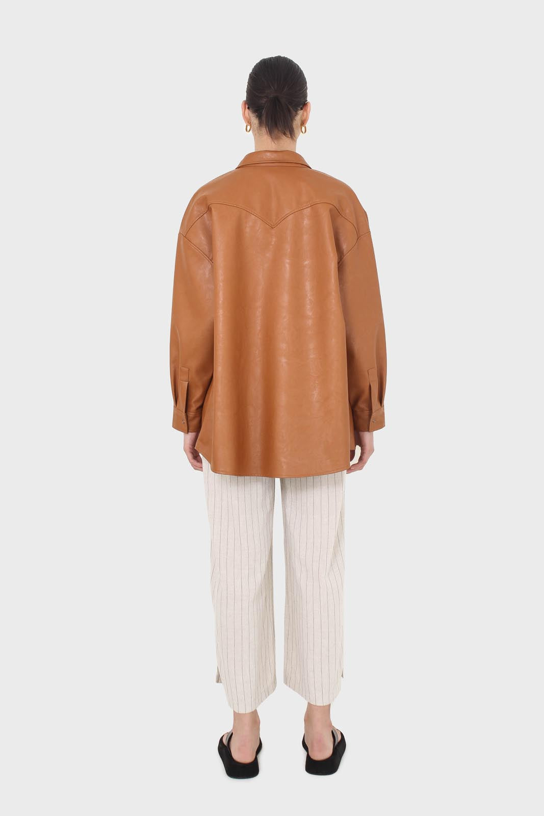 Camel vegan leather oversized shirt_9