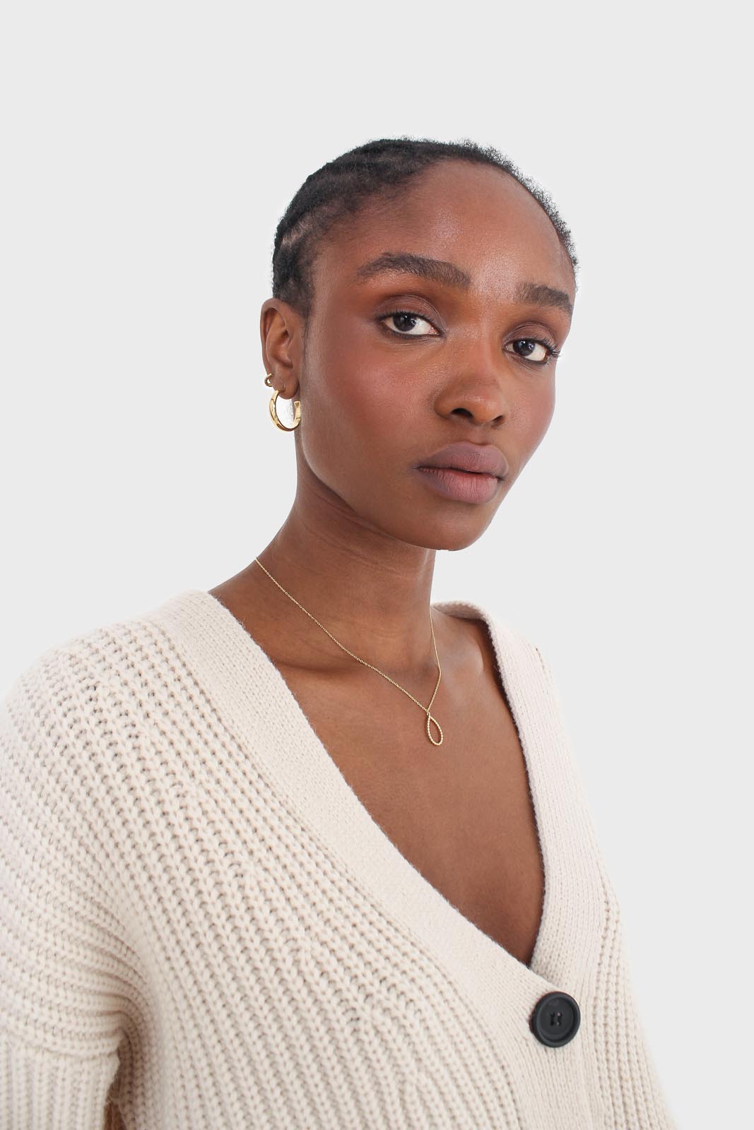 Ivory ribbed belted dark button half cardigan_2