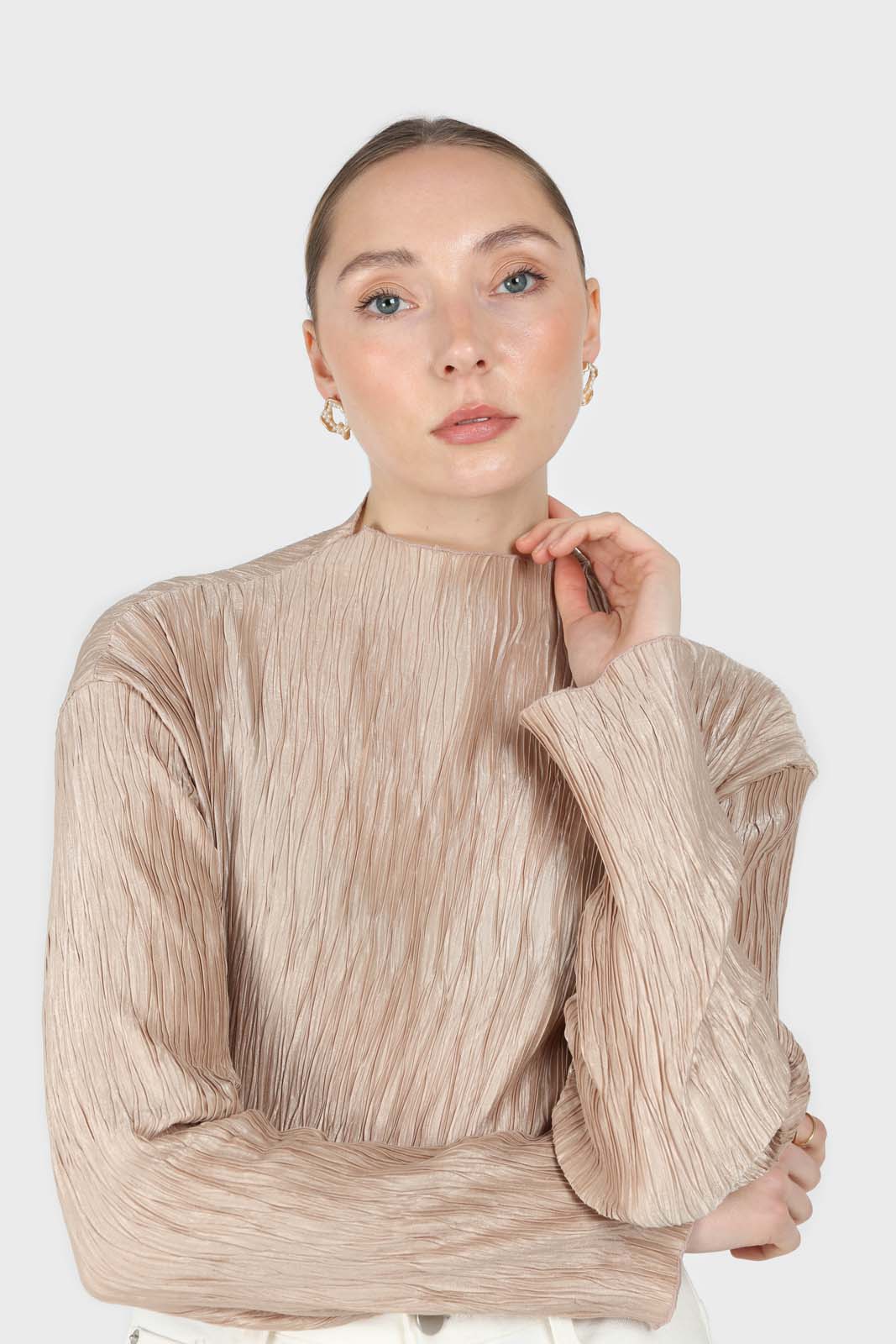 Beige shiny wrinkle mock neck long sleeved top_1