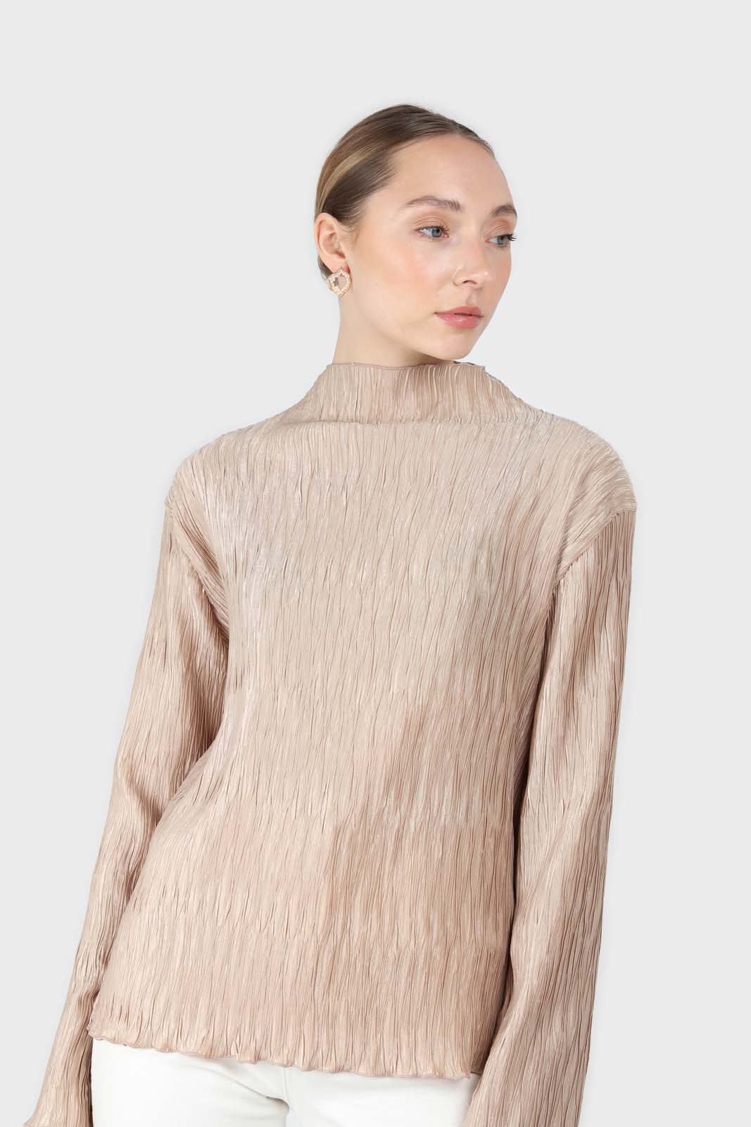 Beige shiny wrinkle mock neck long sleeved top_6