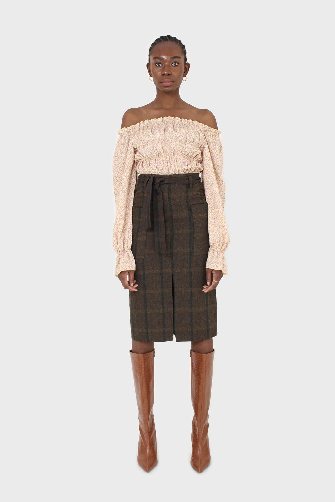 Khaki check belted wool midi skirt_6