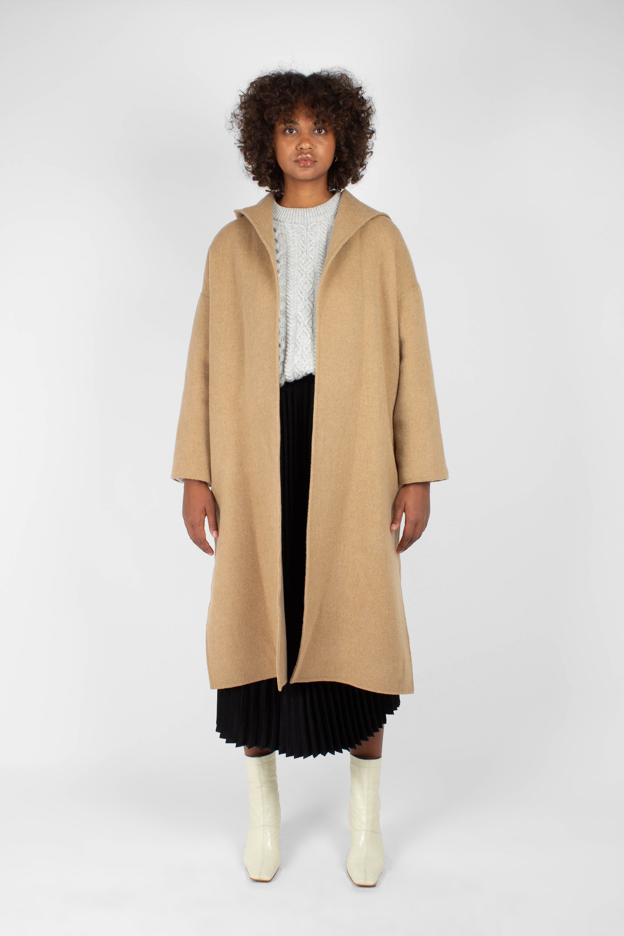 Camel wool handmade hooded long coat_2