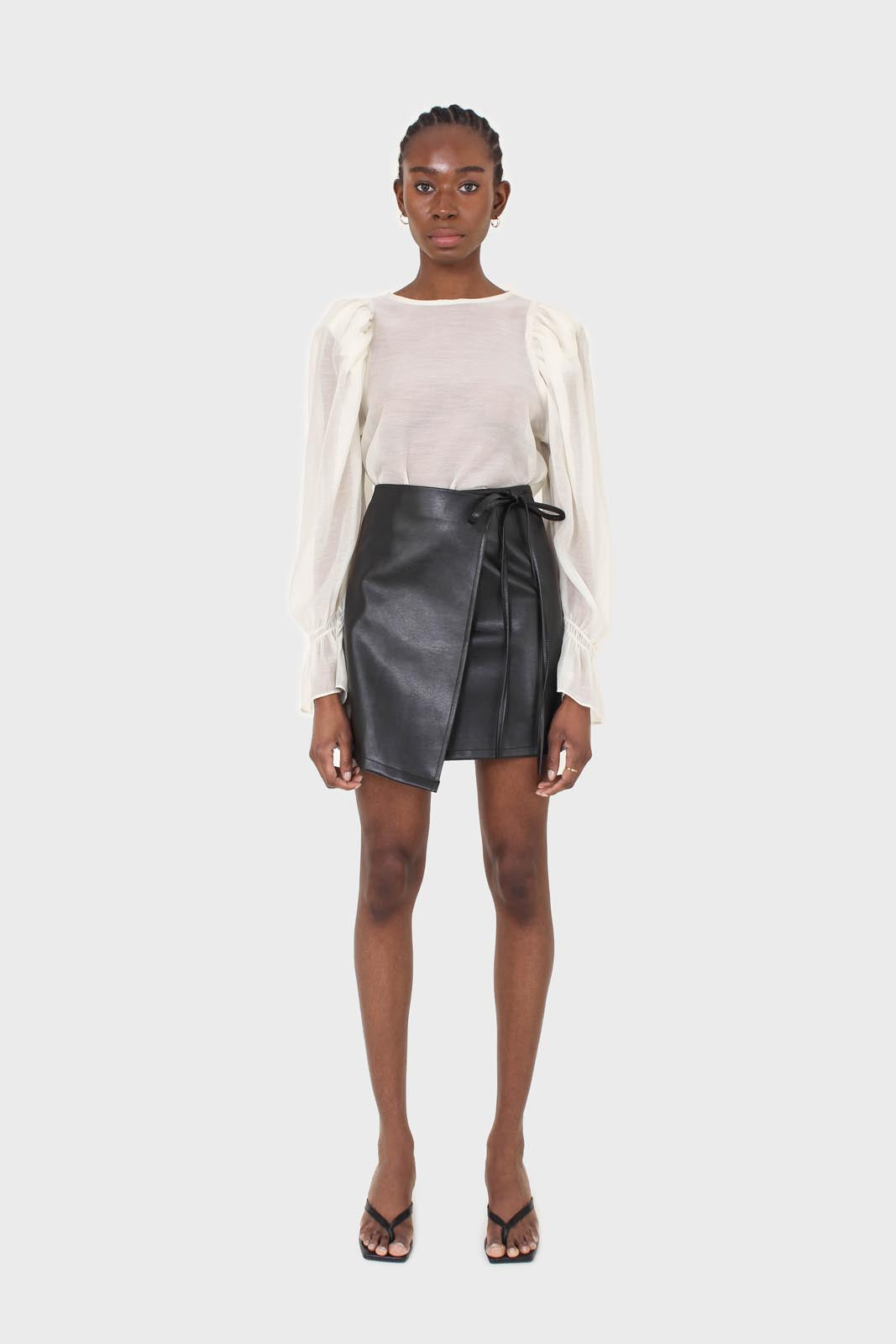 Black vegan leather wrapped tie mini skirt_2