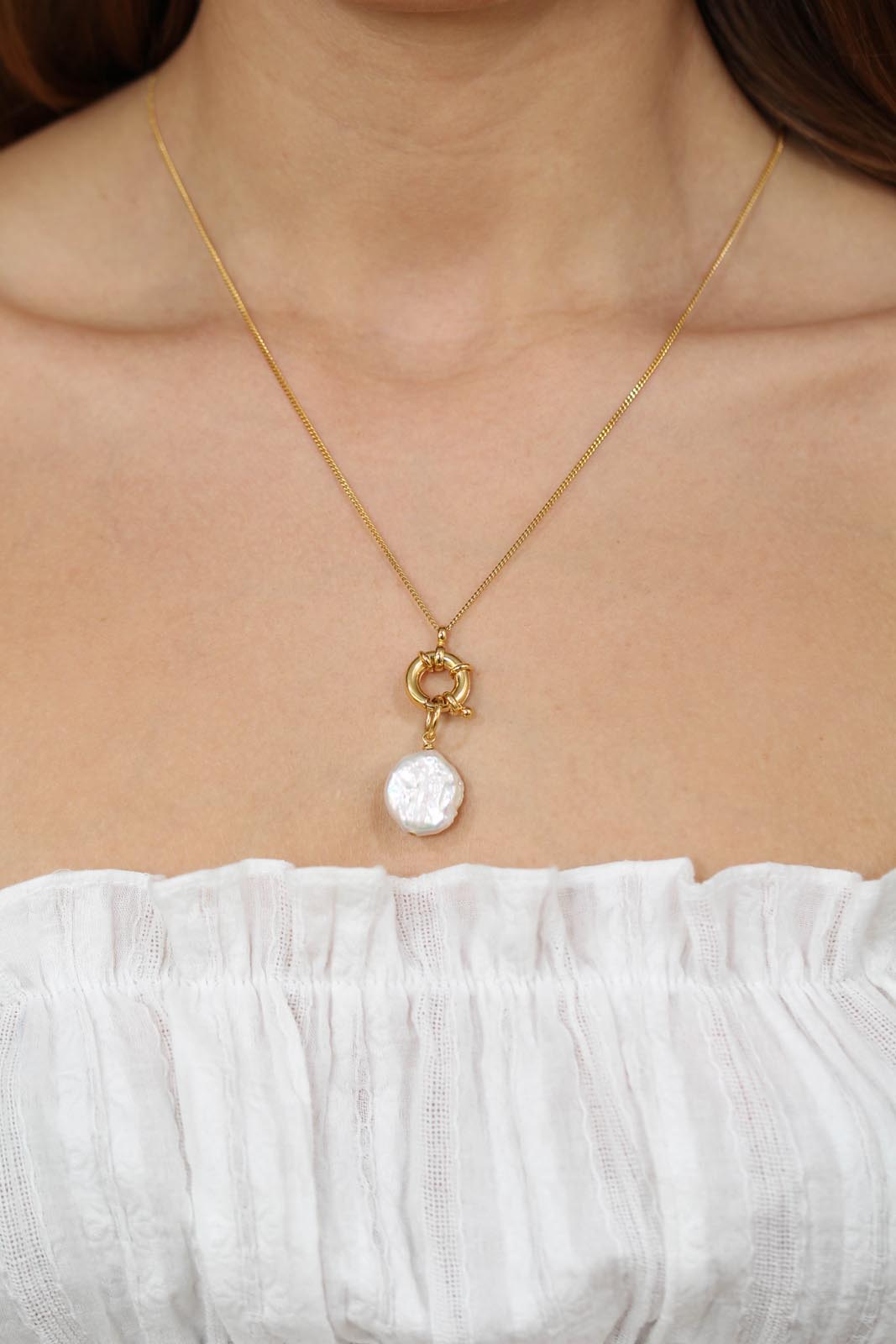 Charm necklace - Gold circle genuine pearl pendant - 70cm_2
