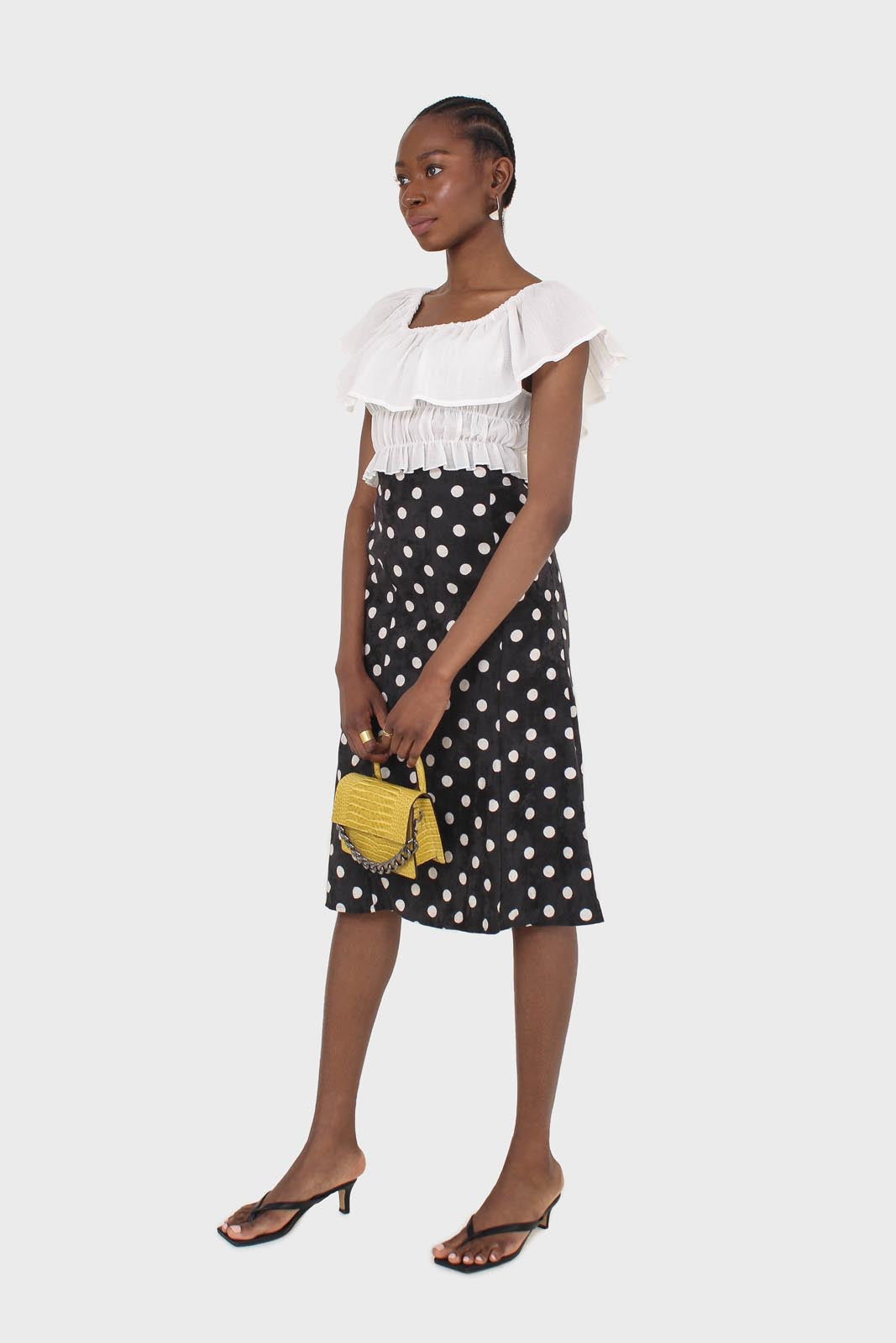 Black and white polka dots flare midi skirt_5