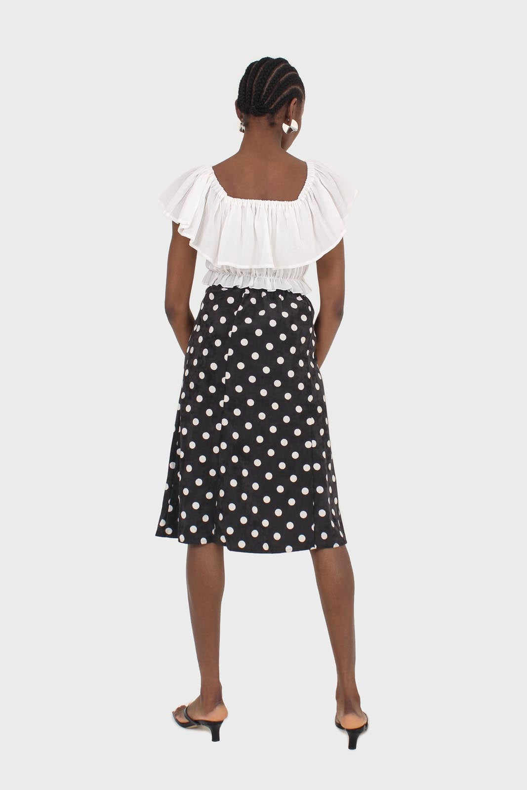 Black and white polka dots flare midi skirt_3