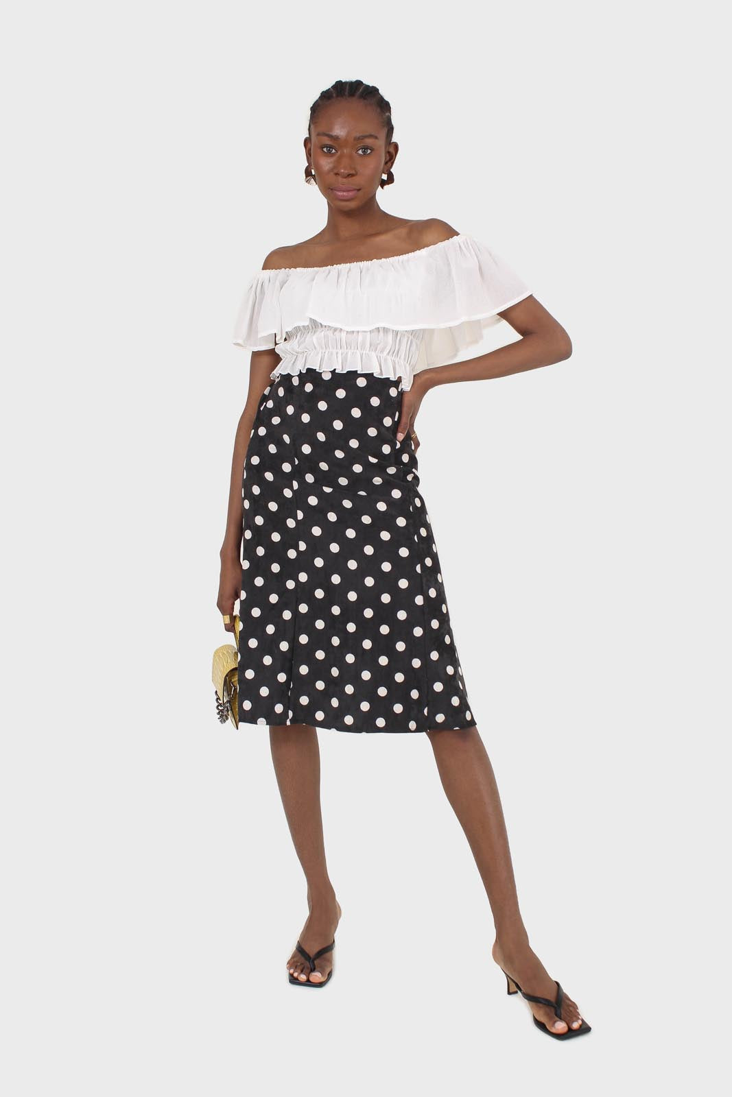 Black and white polka dots flare midi skirt_1