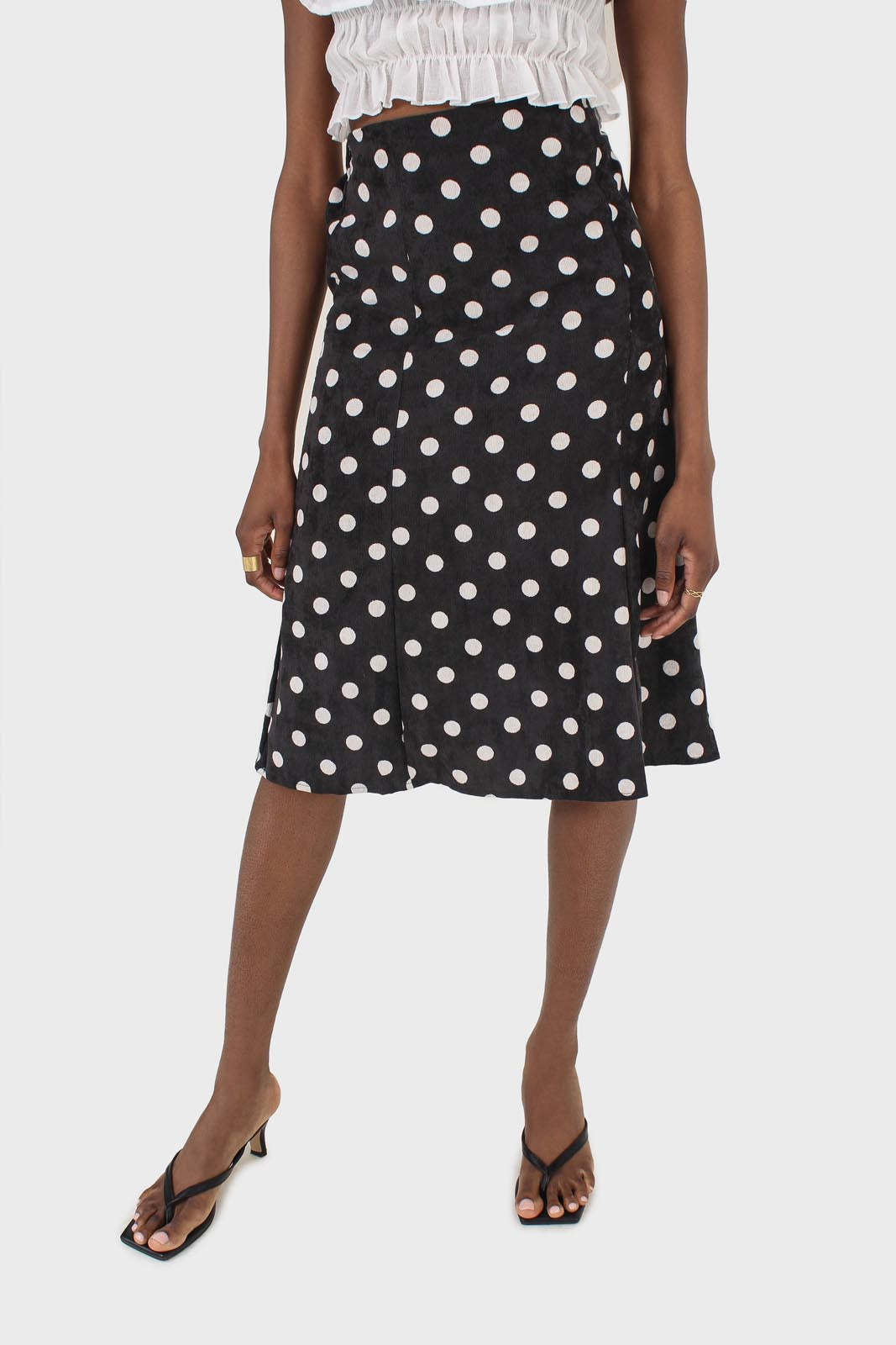 Black and white polka dots flare midi skirt_2