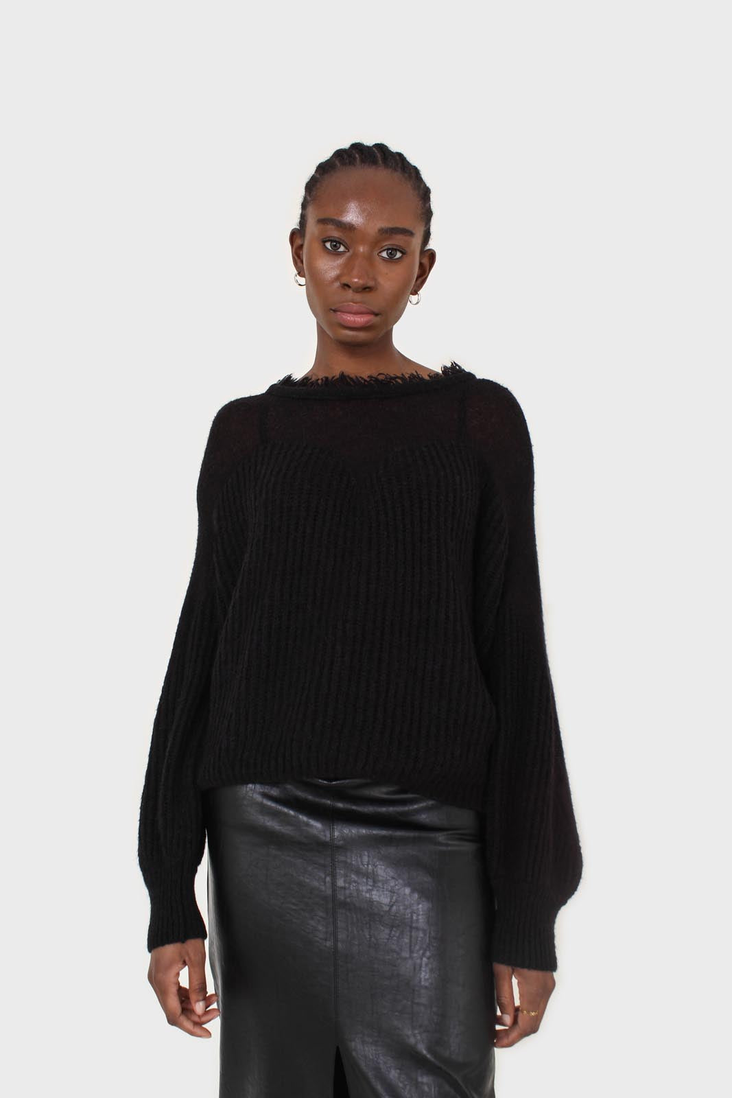 Black ribbed corset ruffle neck jumper_10