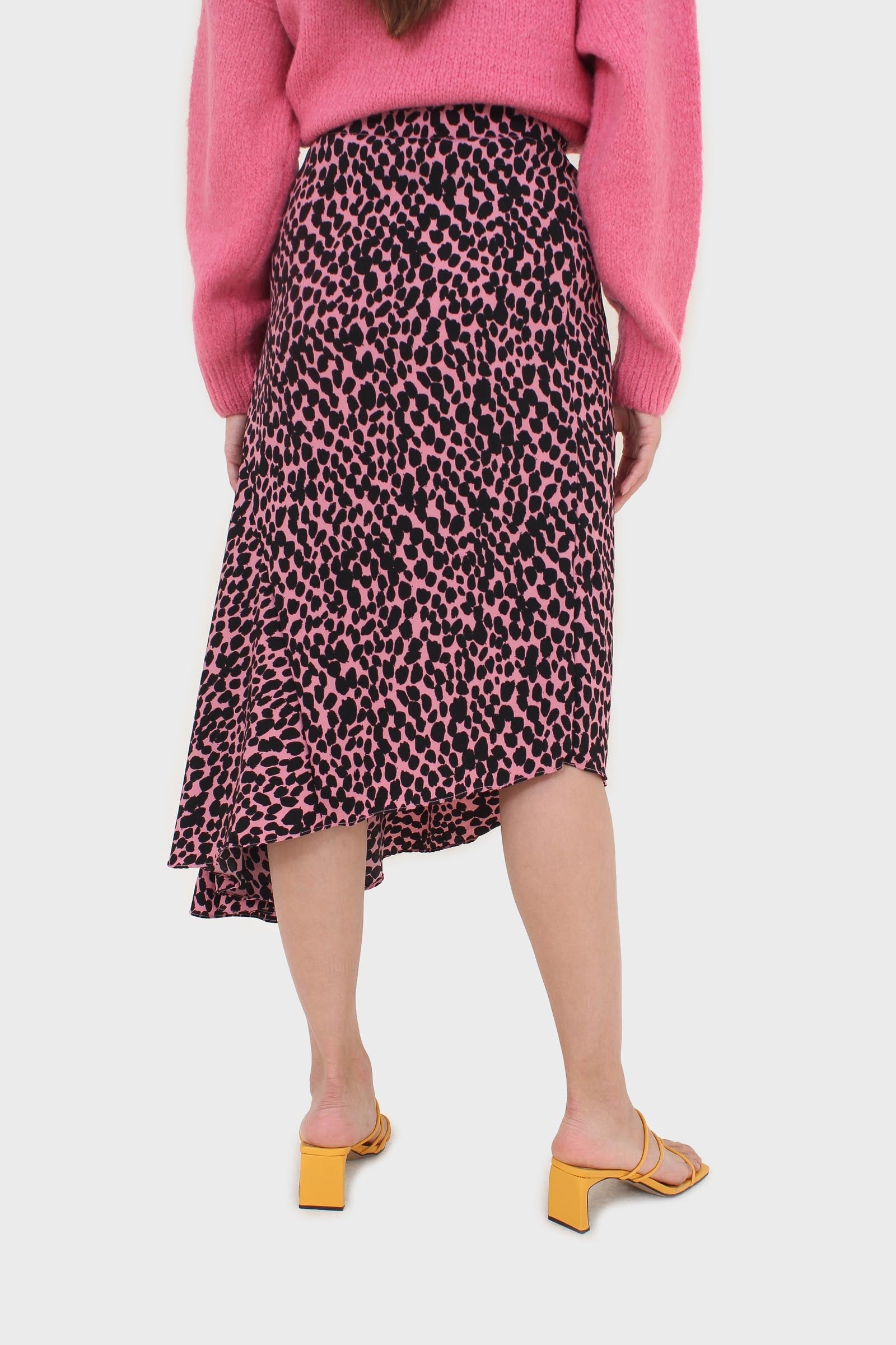 Pink and black animal print asymmetric hem skirt_3