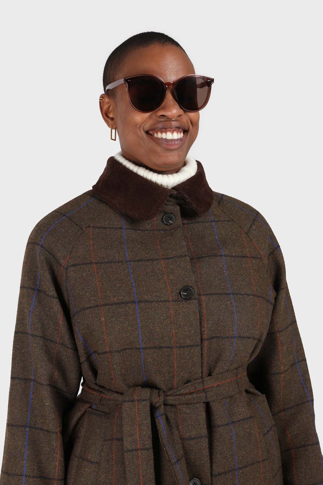 Khaki orange and cobalt box check corduroy collar wool-blend coat_2