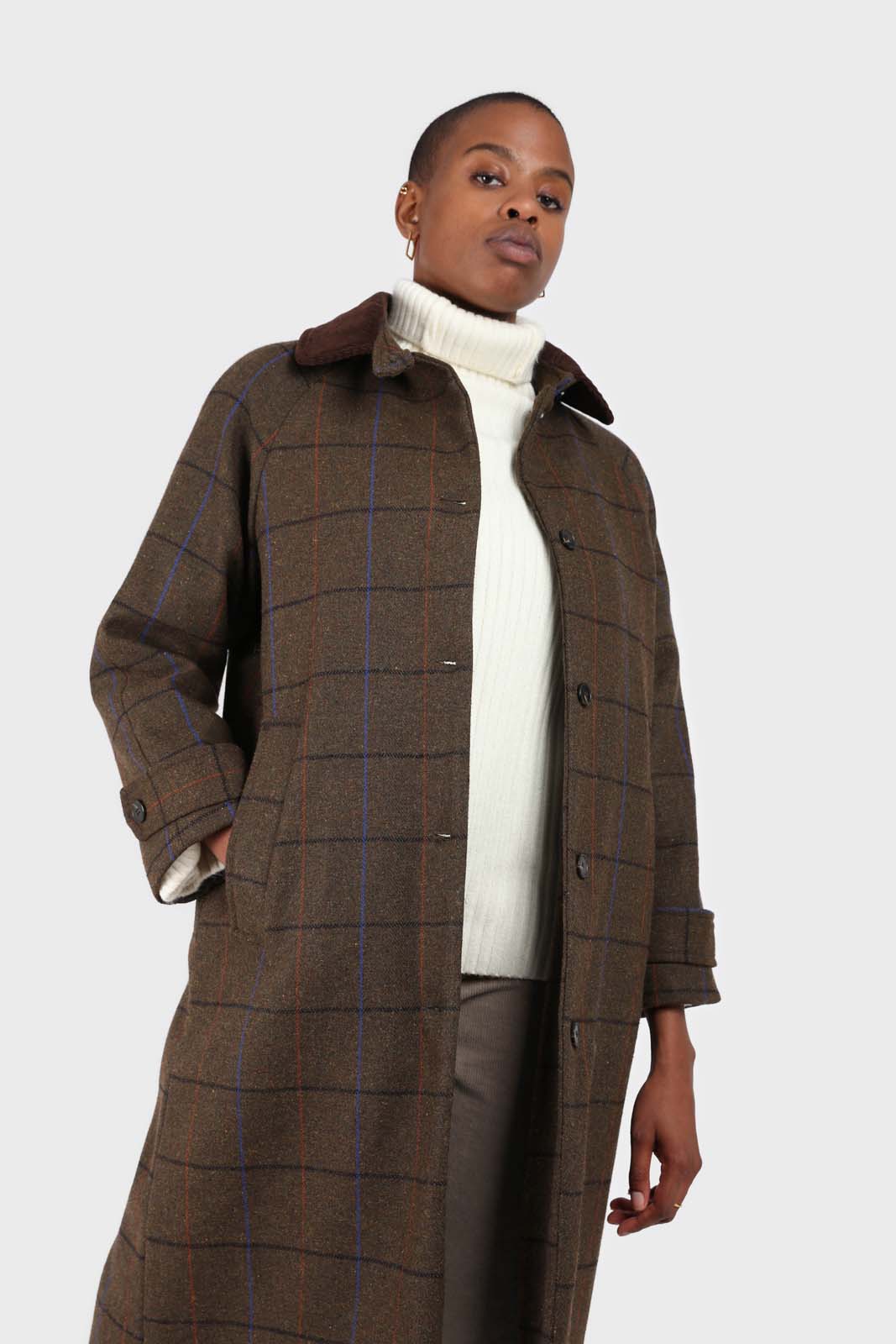 Khaki orange and cobalt box check corduroy collar wool-blend coat_8