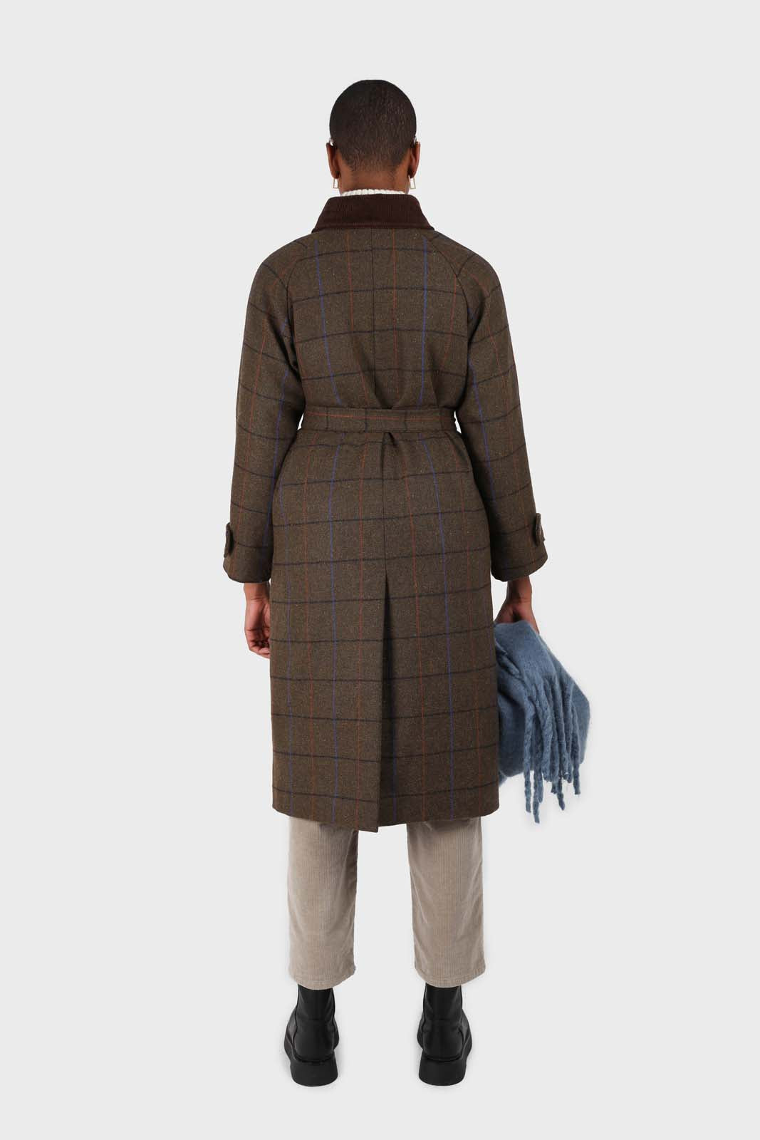 Khaki orange and cobalt box check corduroy collar wool-blend coat_3