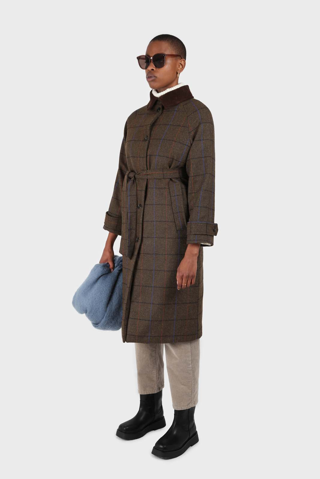 Khaki orange and cobalt box check corduroy collar wool-blend coat_4