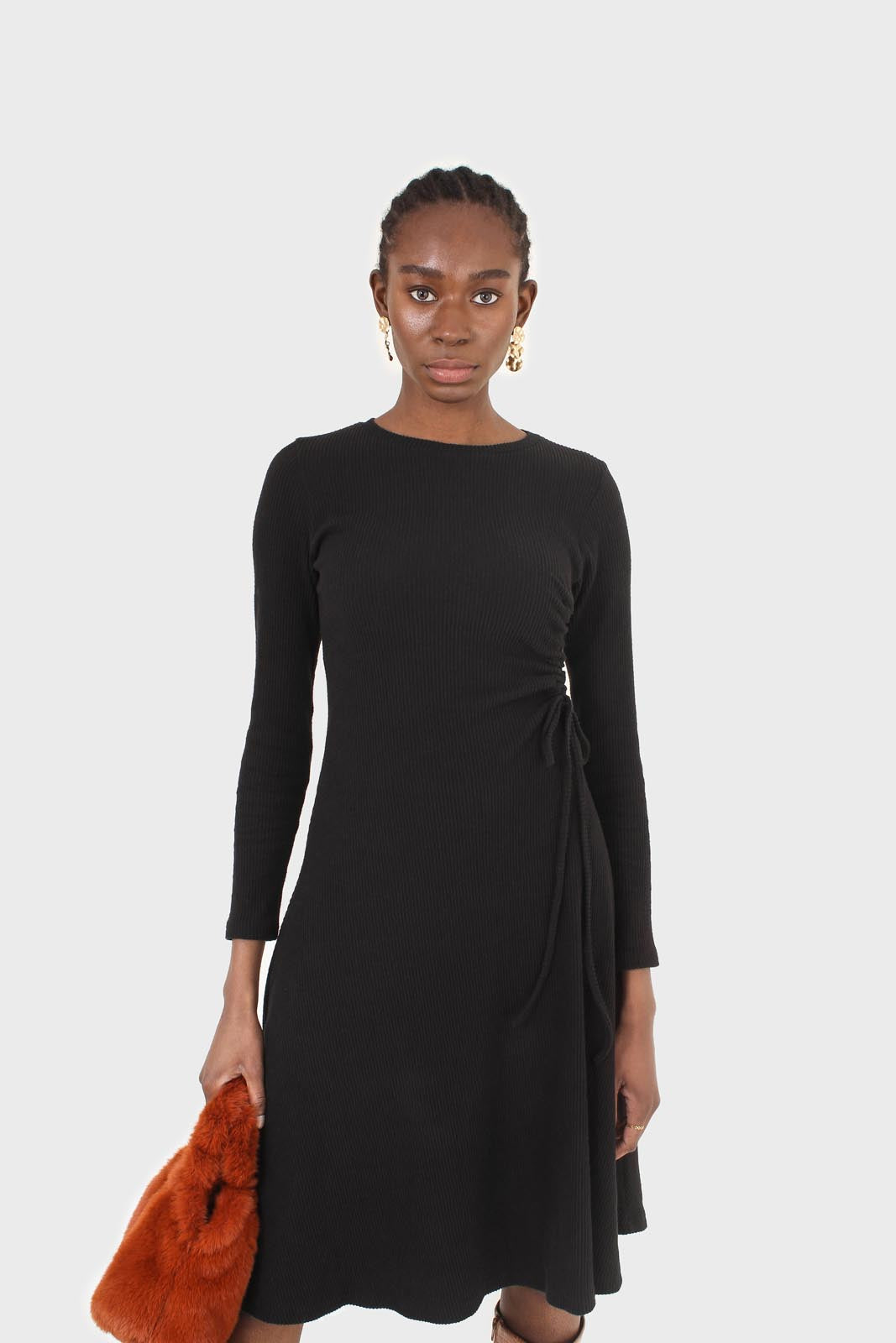 Black long sleeved ruched tie midi dress_8