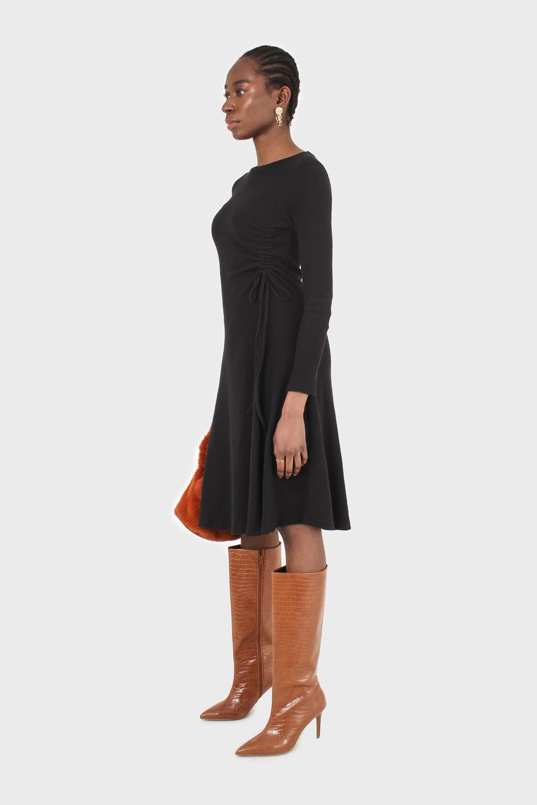 Black long sleeved ruched tie midi dress_3