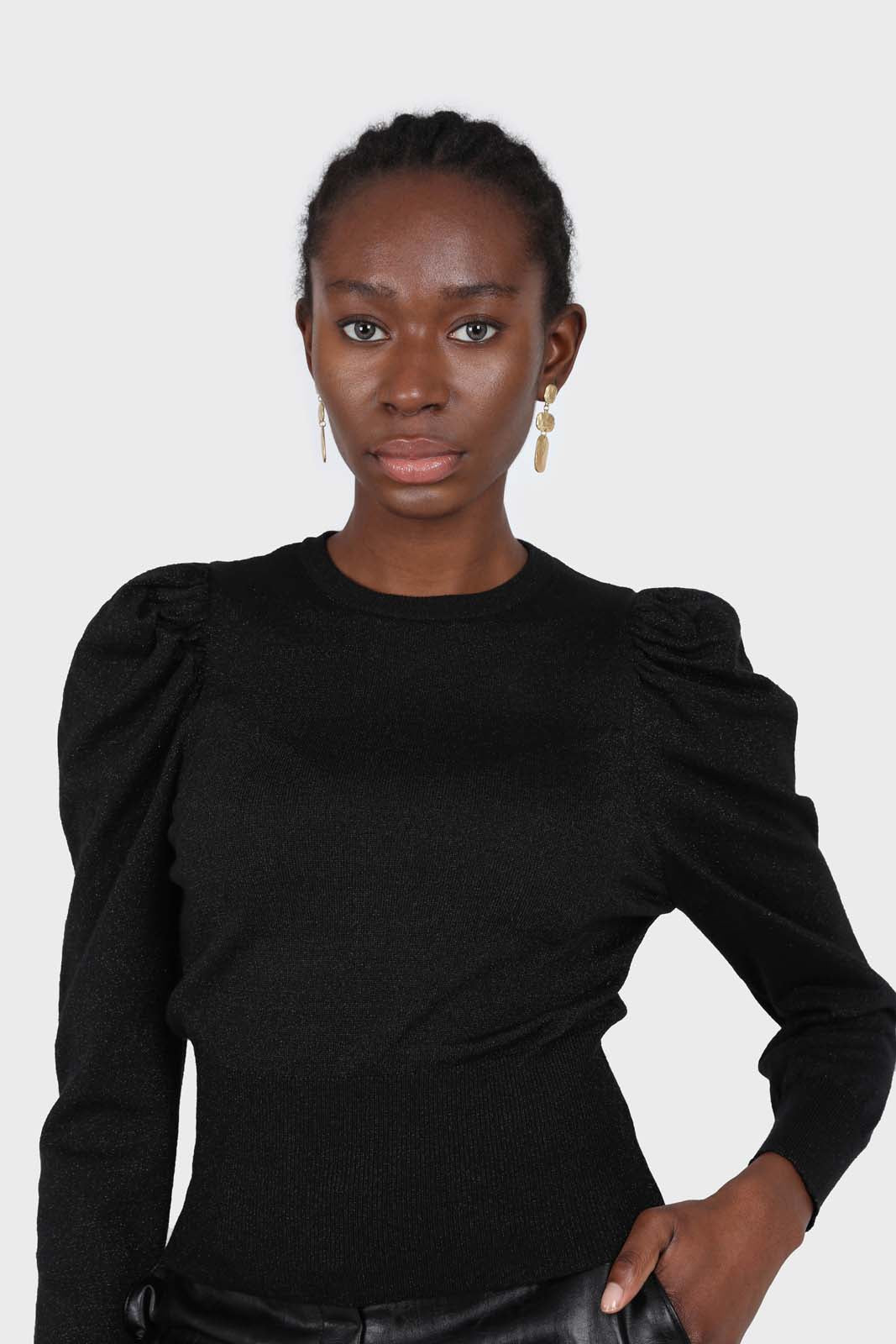 Black glitter balloon sleeve knit top_2