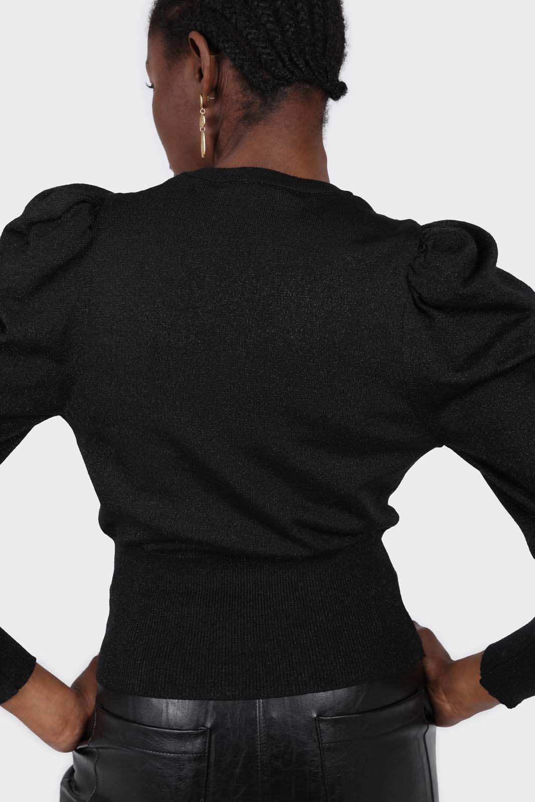 Black glitter balloon sleeve knit top_4