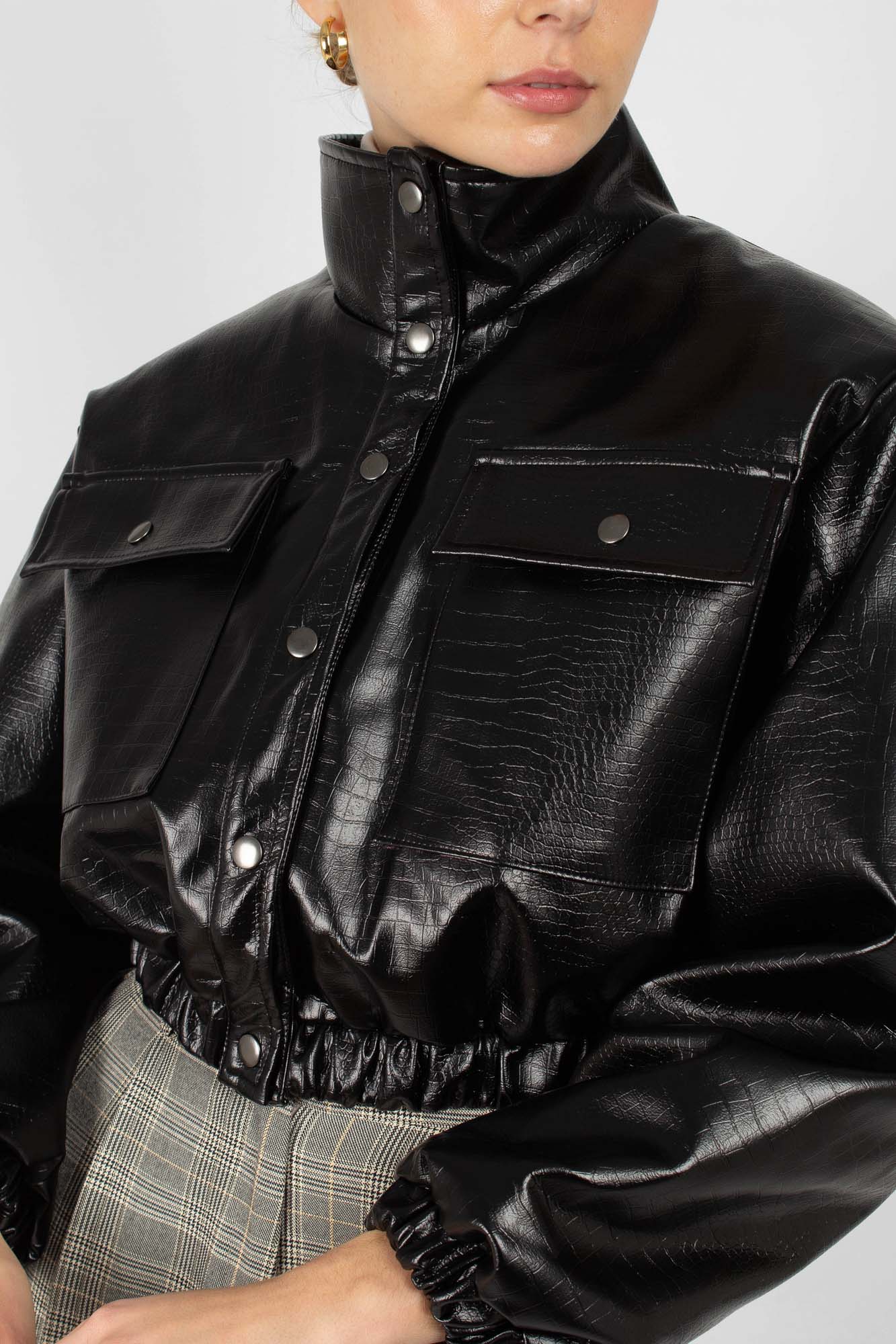 Black vegan croc crop blouson jacket_1
